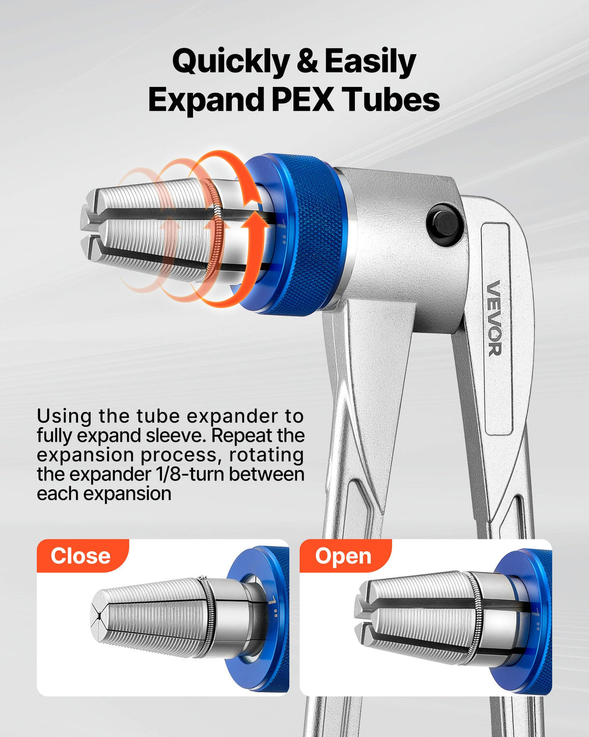 VEVOR PEX Pipe Expander Tool Kit, Manual Tubing Expansion Tool for 3/8", 1/2", 3/4", 1" PEX Pipes - with 4 Expanding Heads, Pipe Cutter & Carrying Case for Radiant Heating & Water Plumbing System
