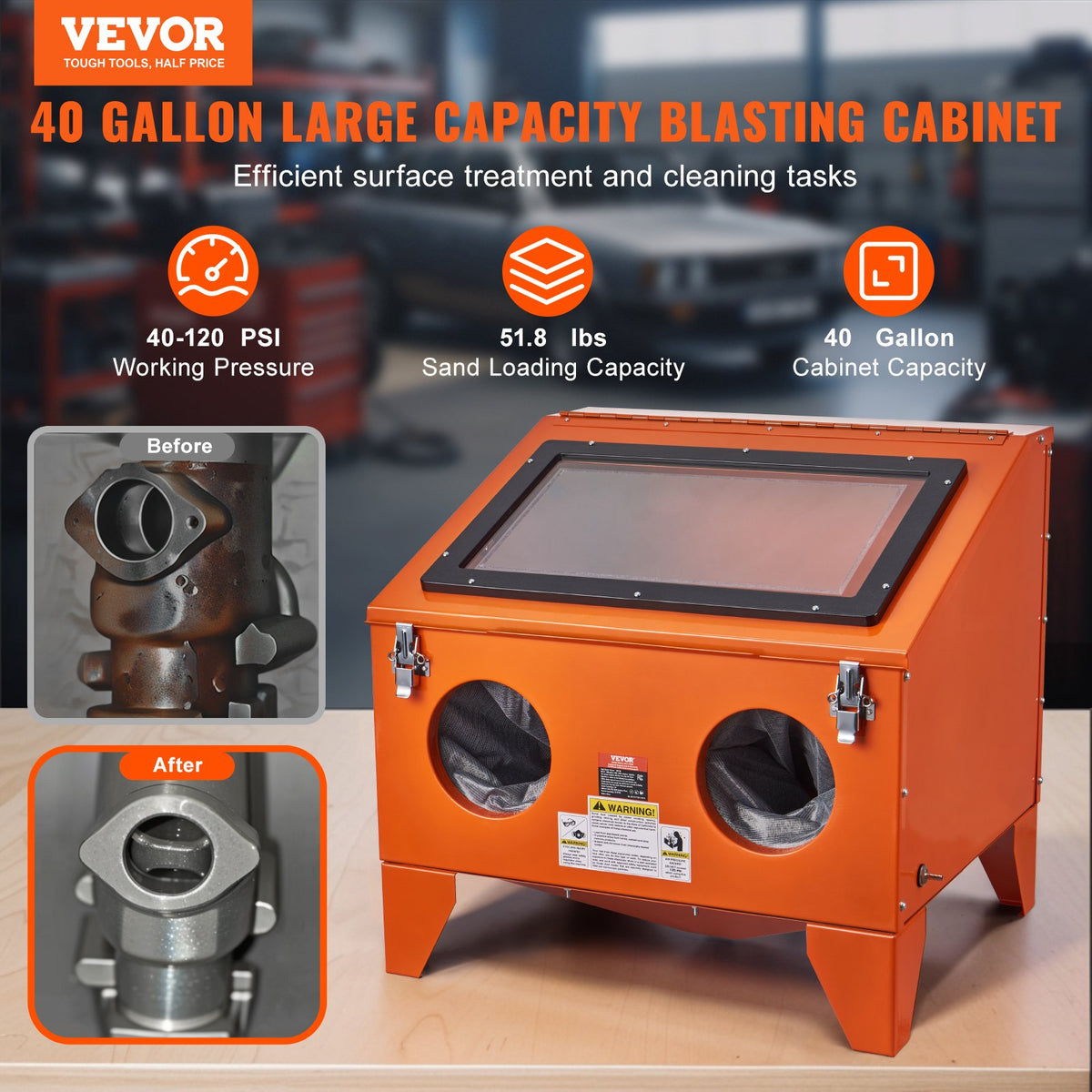 VEVOR 151.4 L Sandblasting Cabinet Benchtop Cabinet with Blasting Gun 4 Nozzle