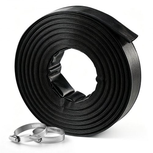 VEVOR Discharge Hose 1-1/2" x 30.48 m PVC Lay Flat Backwash Water Pump Hose, for Swimming Pool Sand Filter Sump Pump, Heavy Duty, Water Transfer Drainage, Weather & Burst-Resistant, with Clamps, Black