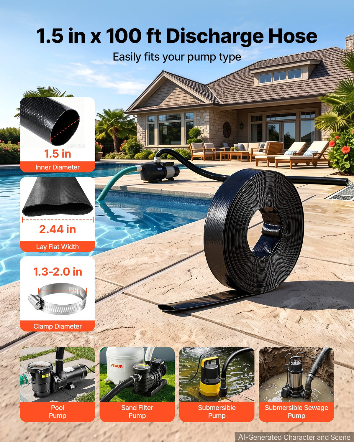 VEVOR Discharge Hose 1-1/2" x 30.48 m PVC Lay Flat Backwash Water Pump Hose, for Swimming Pool Sand Filter Sump Pump, Heavy Duty, Water Transfer Drainage, Weather & Burst-Resistant, with Clamps, Black