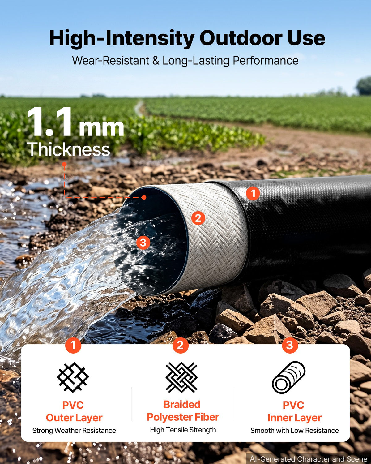 VEVOR Discharge Hose 1-1/2" x 30.48 m PVC Lay Flat Backwash Water Pump Hose, for Swimming Pool Sand Filter Sump Pump, Heavy Duty, Water Transfer Drainage, Weather & Burst-Resistant, with Clamps, Black