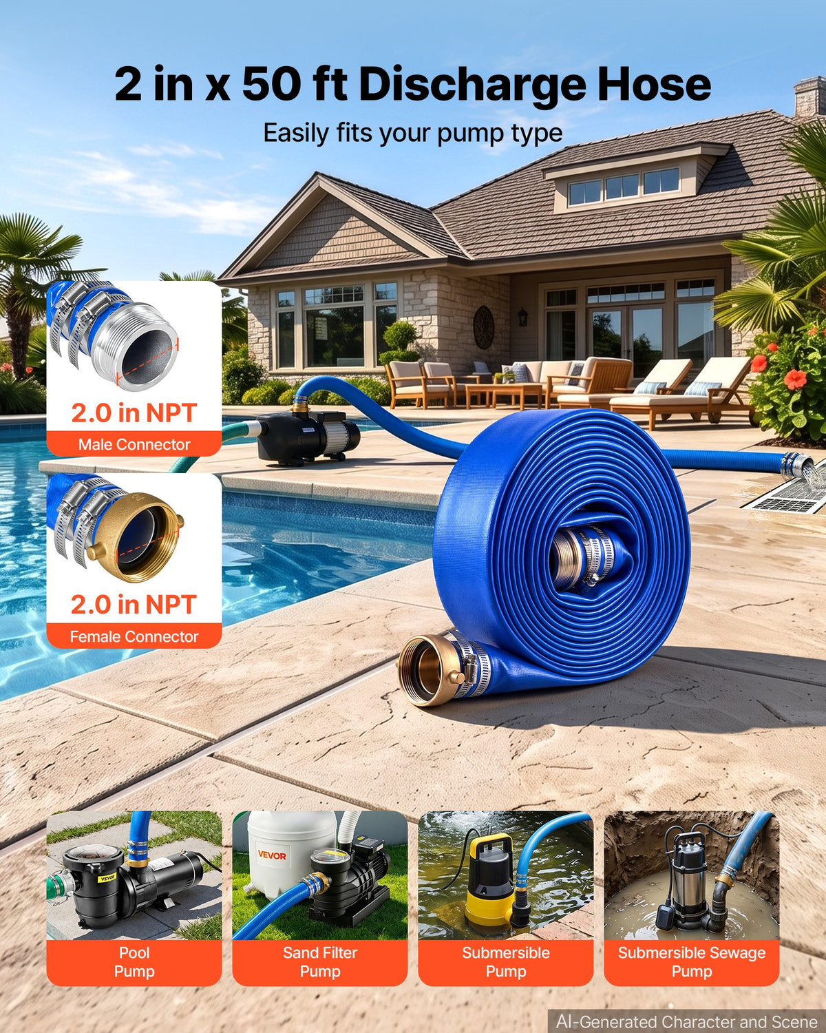 VEVOR Discharge Hose 2" x 15.2 m PVC Lay Flat Backwash Water Pump Pool Hose, for Swimming Pool Sand Filter & Sump Pump, Water Transfer Drainage, Weather & Burst-Resistant, with Pin Lug Fittings, Blue