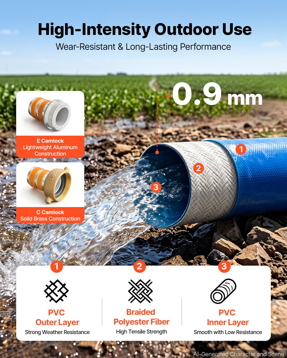 VEVOR Discharge Hose 2" x 15.2 m PVC Lay Flat Backwash Water Pump Pool Hose, for Swimming Pool Sand Filter & Sump Pump, Water Transfer Drainage, Weather & Burst-Resistant, with Pin Lug Fittings, Blue