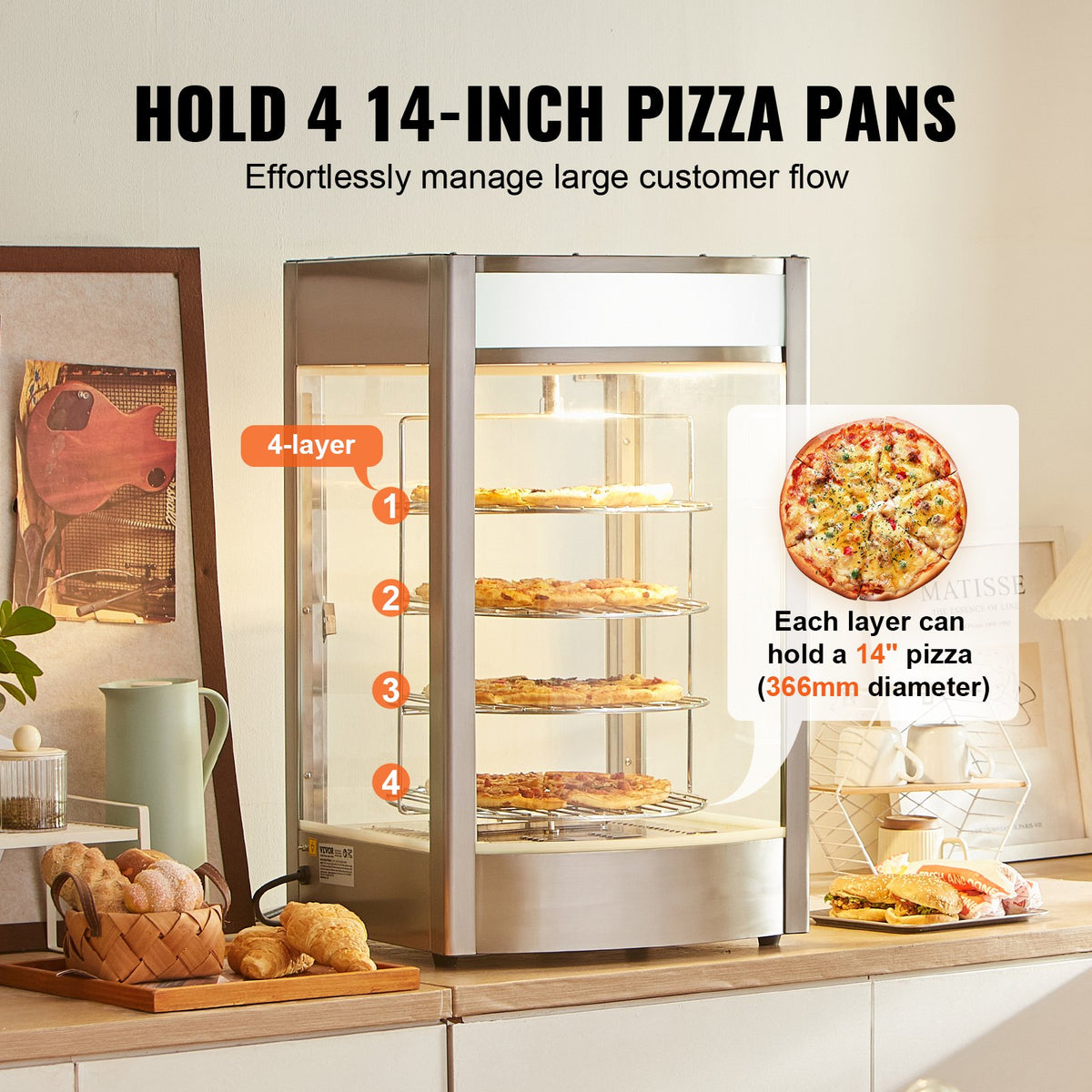 VEVOR Commercial Food Warmer Display for 14" Pizza, 4-Tier Pizza Warmer with Rotary Steam Heating, 30℃~85℃ Temperature Control and Temp Display, 25W Oven Light + Top LED for Pizza Shop, Restaurant