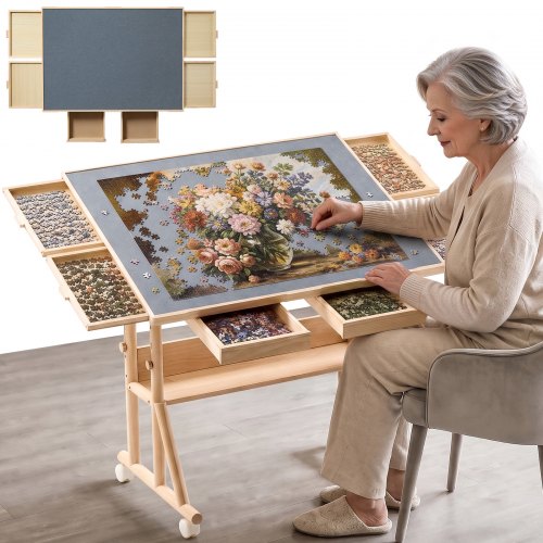 VEVOR 1500 Piece Puzzle Table with Legs, Wheels, 4 Drawers, Cover, 87x63 cm, Gift for Mom, Portable Wooden Board, Felt Surface Jigsaw Puzzle Accessories for Adults, Adjustable Height Storage Organizer