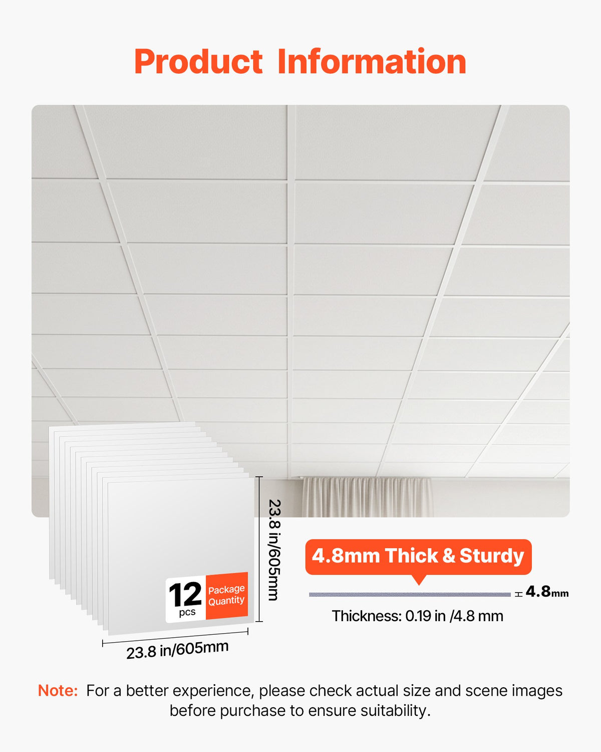 VEVOR 605x605mm PVC Ceiling Tiles 12-Pack Drop Ceiling Panels White, PVC Foam Board, Grid Fit, Water-Resistant, Flexible Cut, Easy to Clean, Modern Decorative for Home,Office,Kitchen,Living Room