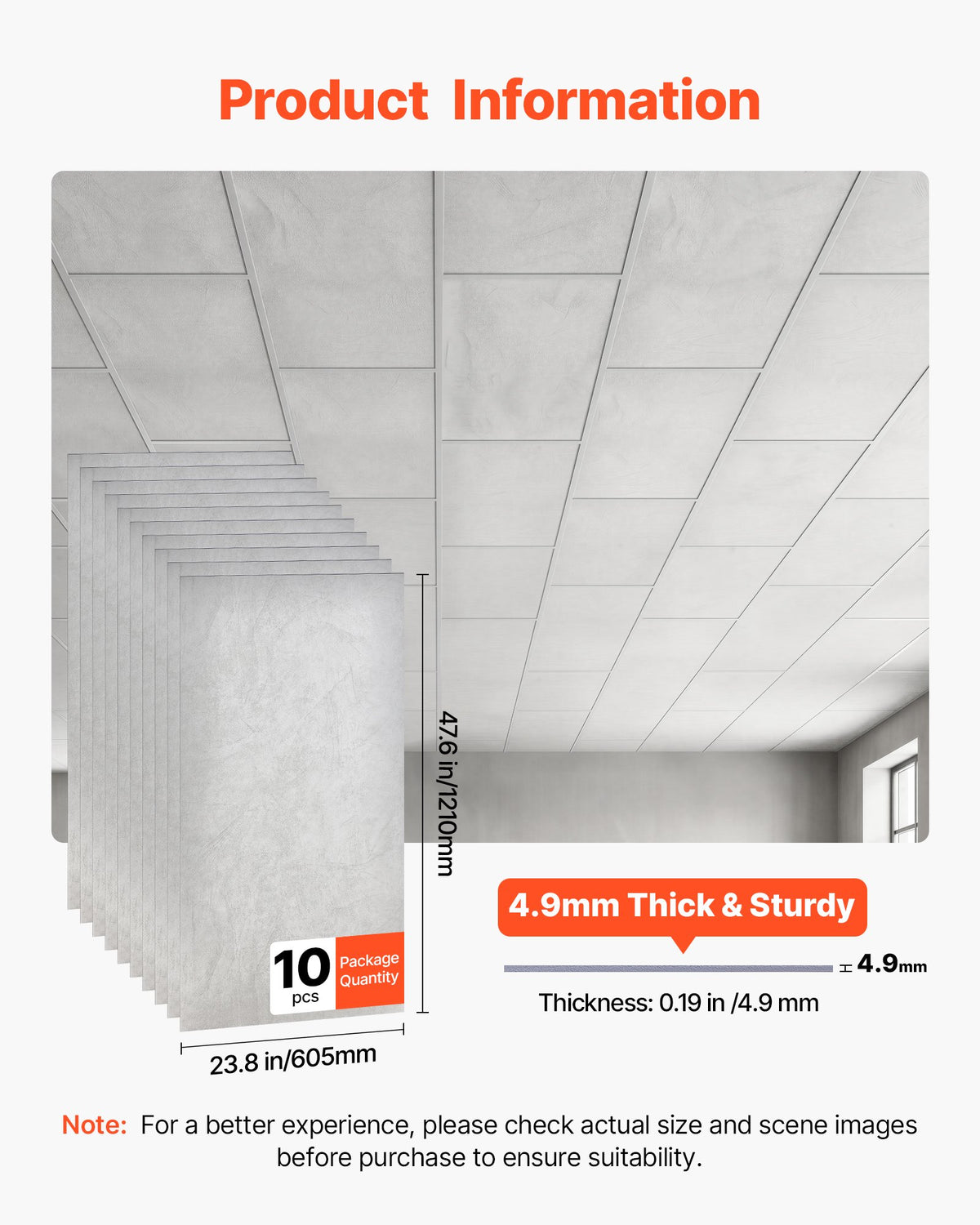 VEVOR 605x1210mm PVC Ceiling Tiles 10-Pack Drop Ceiling Panels White Marble, PVC Foam Board, Grid Fit, Water-Resistant, Flexible Cut, Easy to Clean, Modern Decorative Finish for Home, Office Areas