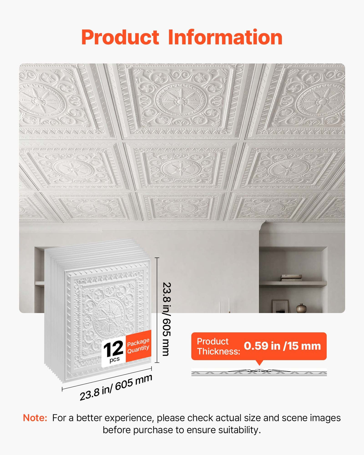 VEVOR 605x605mm PVC Ceiling Tiles 12-Pack White 3D Geometric Panels, Smooth PVC Sheet for Drop Grid, Impact-Resistant, Paintable Surface, Easy Cut, Modern Decorative Style for Home, Office