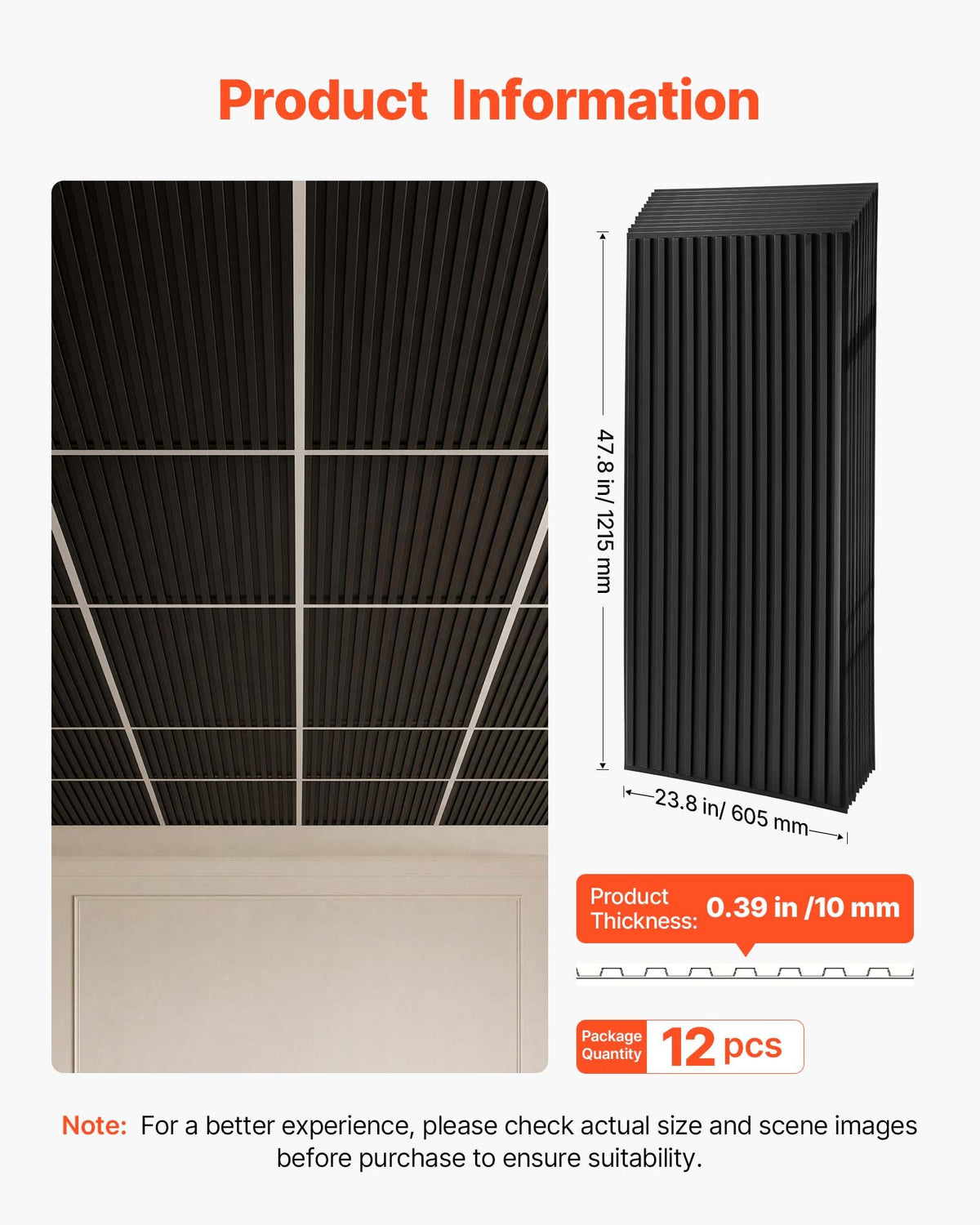VEVOR 605x1215mm PVC Ceiling Tiles 12-Pack 3D Black Linear Slat Panels, Smooth PVC Sheet for Drop Grid, Impact-Resistant, Paintable Surface, Easy Cut, Modern Decorative Style for Home, Office