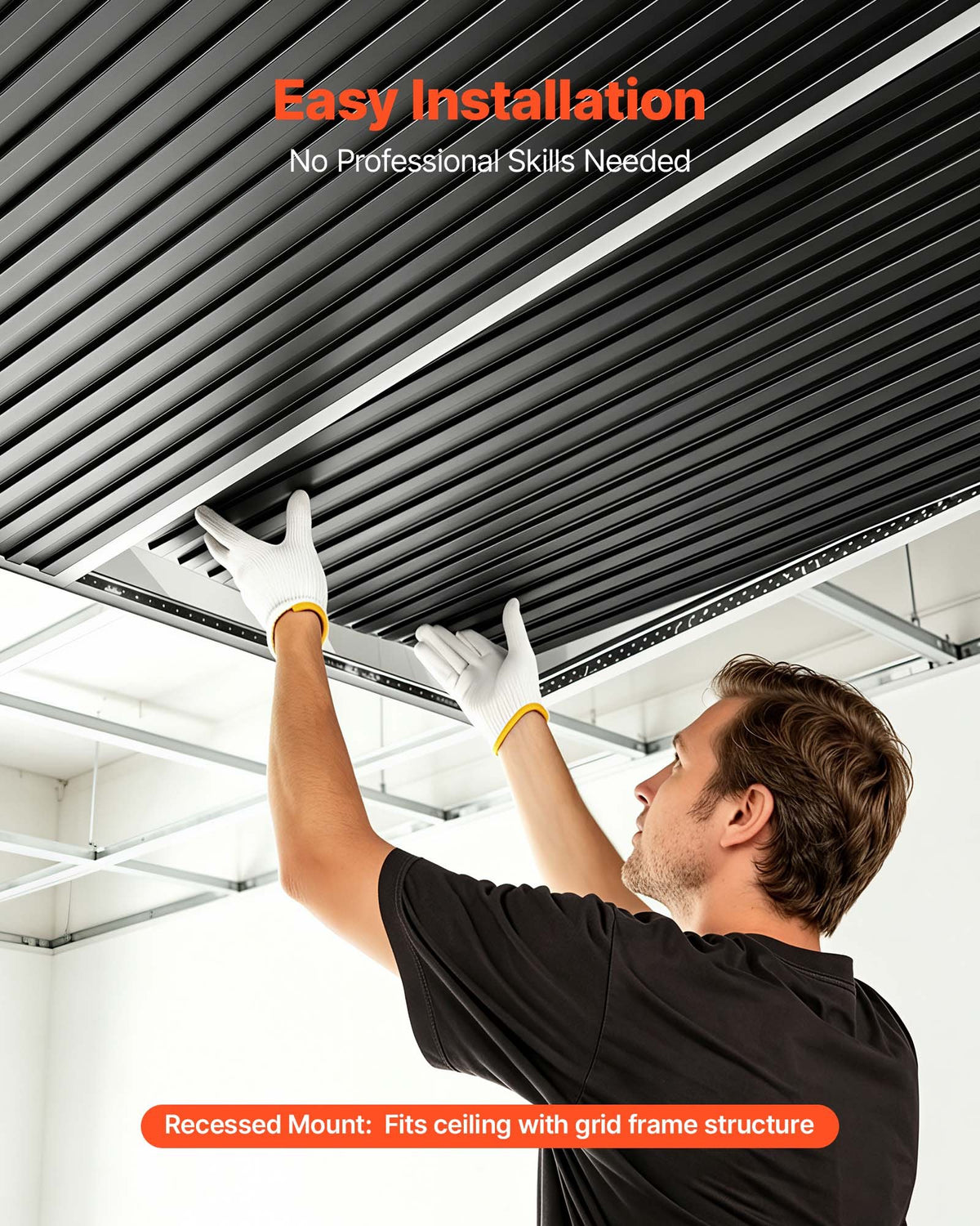 VEVOR 605x1215mm PVC Ceiling Tiles 12-Pack 3D Black Linear Slat Panels, Smooth PVC Sheet for Drop Grid, Impact-Resistant, Paintable Surface, Easy Cut, Modern Decorative Style for Home, Office