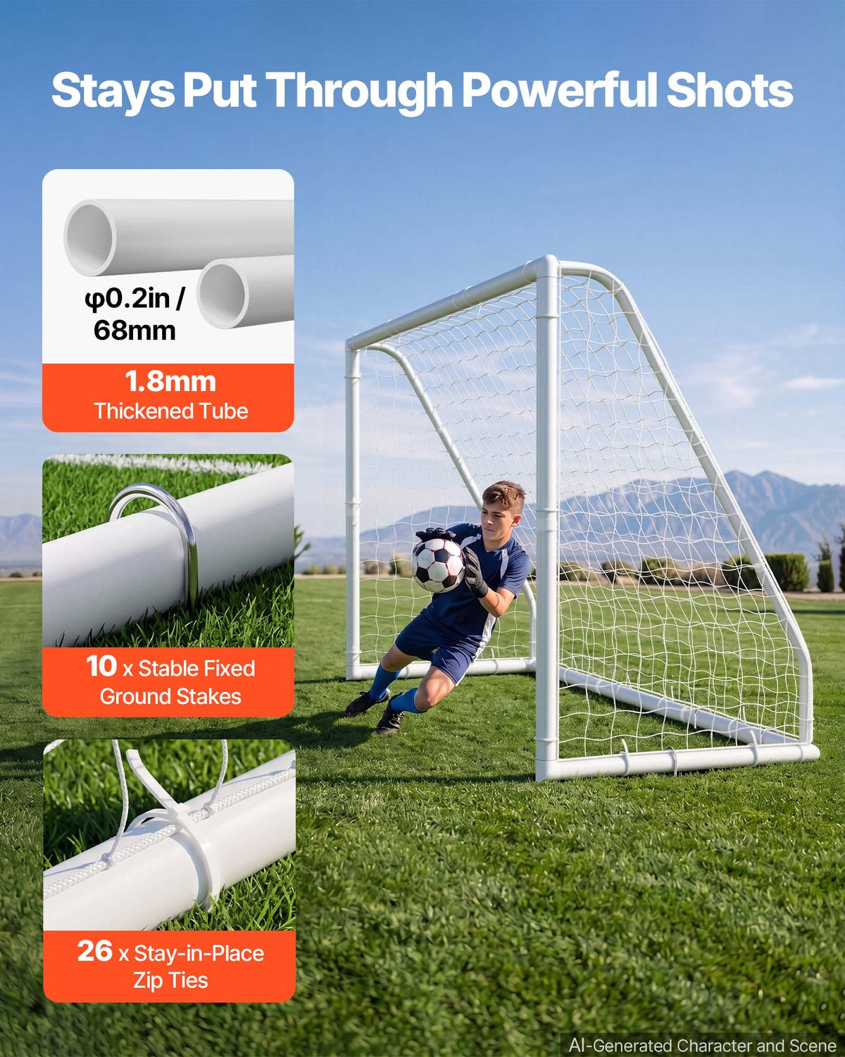 VEVOR Soccer Goal 3 x 2 m PVC Soccer Goal for Backyard with PE Net, Portable & Weatherproof Set, with PE Net, Target, Ground Stake, Cones, for Kids & Adults Outdoor Backyard Practice Training