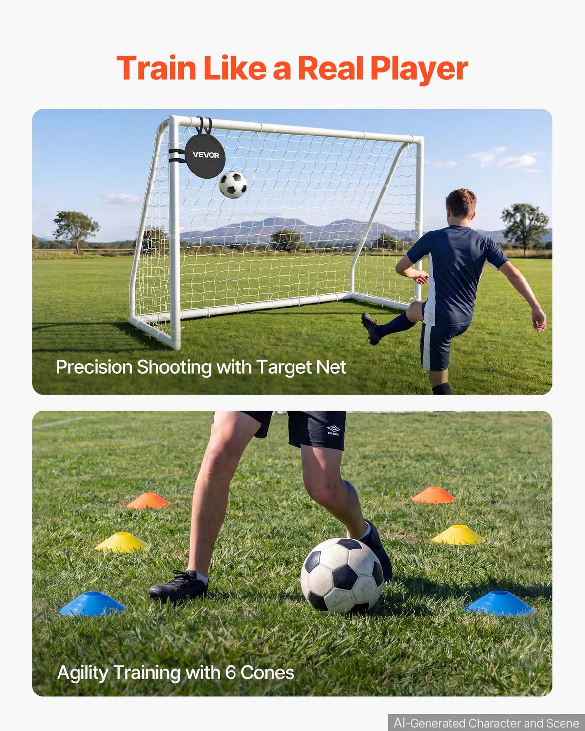 VEVOR Soccer Goal 3 x 2 m PVC Soccer Goal for Backyard with PE Net, Portable & Weatherproof Set, with PE Net, Target, Ground Stake, Cones, for Kids & Adults Outdoor Backyard Practice Training