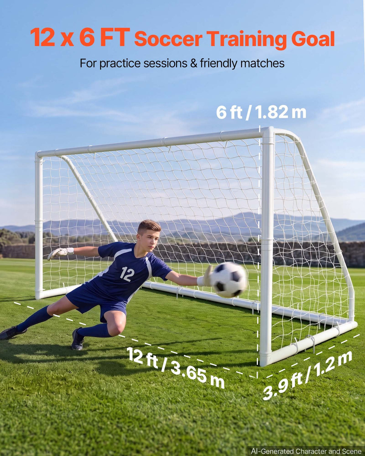 VEVOR Soccer Goal 3.65 x 1.82 m PVC Soccer Goal for Backyard with PE Net, Portable & Weatherproof Set, with PE Net, Target, Ground Stake, Cones, for Kids & Adults Outdoor Backyard Practice Training