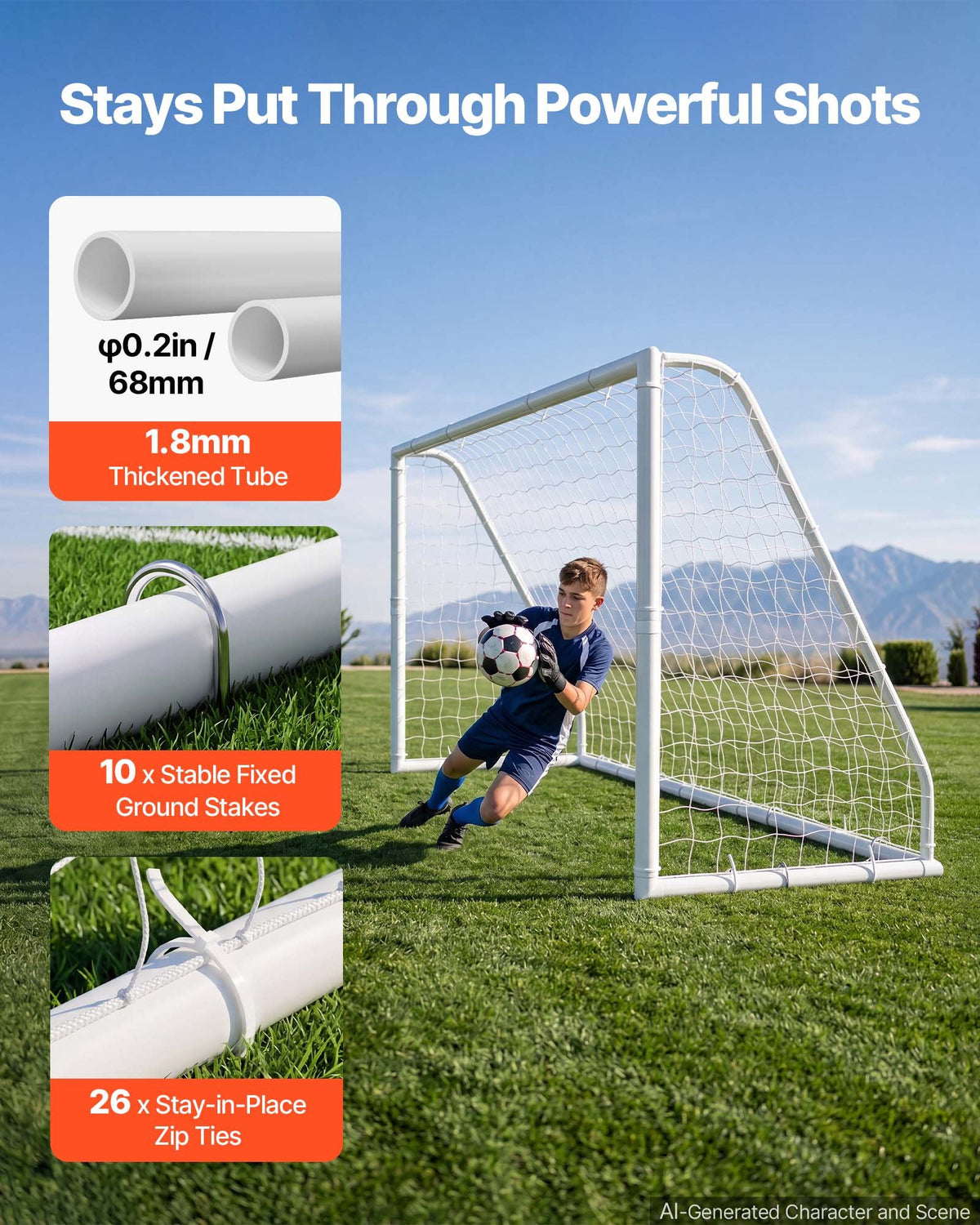VEVOR Soccer Goal 3.65 x 1.82 m PVC Soccer Goal for Backyard with PE Net, Portable & Weatherproof Set, with PE Net, Target, Ground Stake, Cones, for Kids & Adults Outdoor Backyard Practice Training