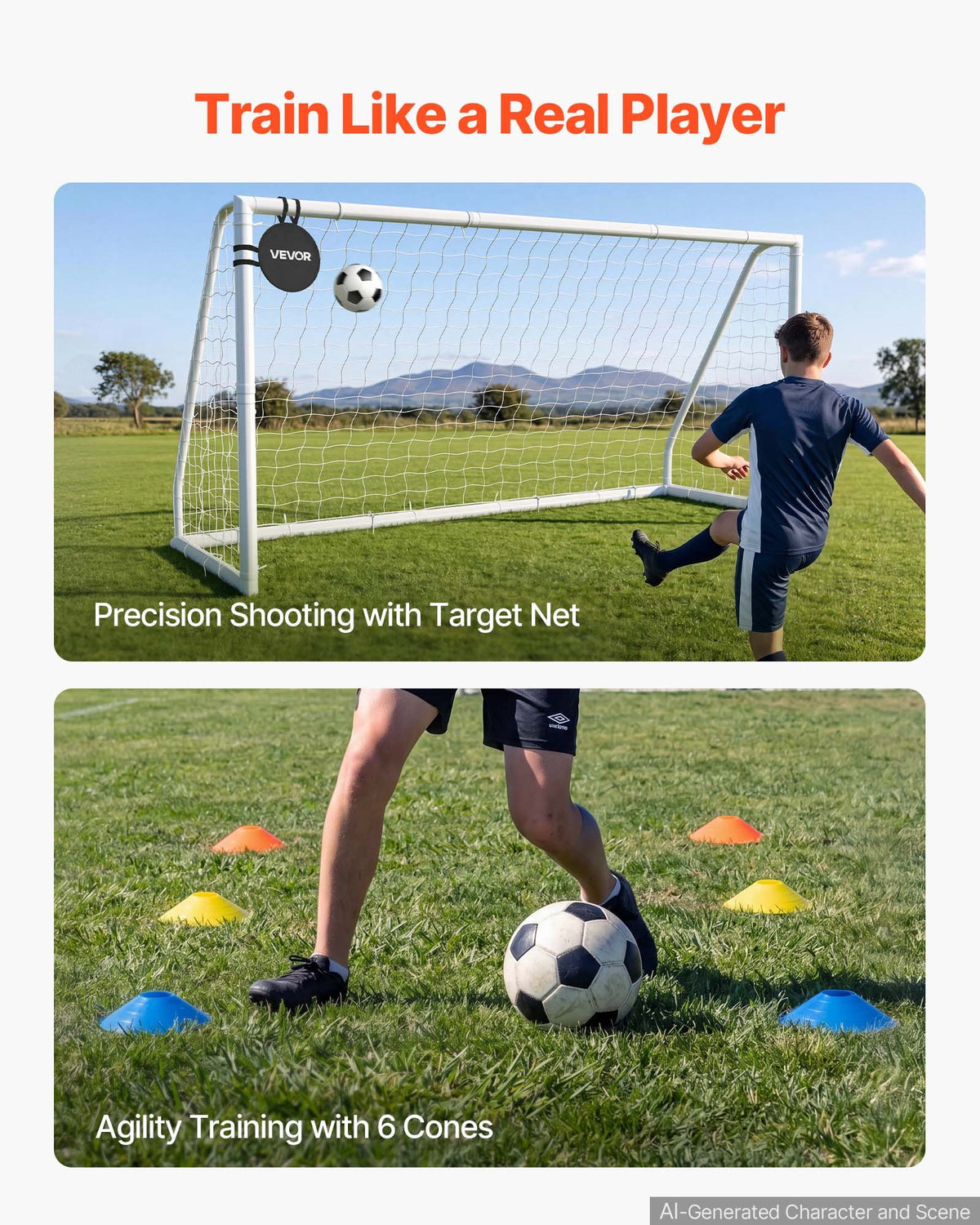 VEVOR Soccer Goal 3.65 x 1.82 m PVC Soccer Goal for Backyard with PE Net, Portable & Weatherproof Set, with PE Net, Target, Ground Stake, Cones, for Kids & Adults Outdoor Backyard Practice Training