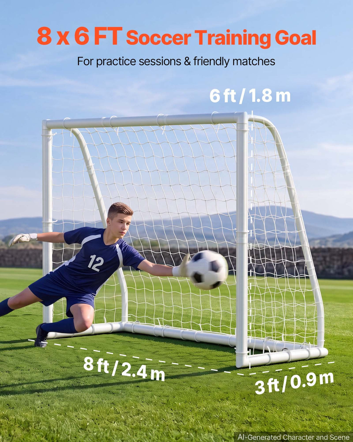 VEVOR Soccer Goal 2.44 x 1.82 m PVC Soccer Goal for Backyard with PE Net, Portable Weatherproof Set, with High-Strength Net, Target, Cones, for Youth Kids & Adults Outdoor Backyard Practice Training
