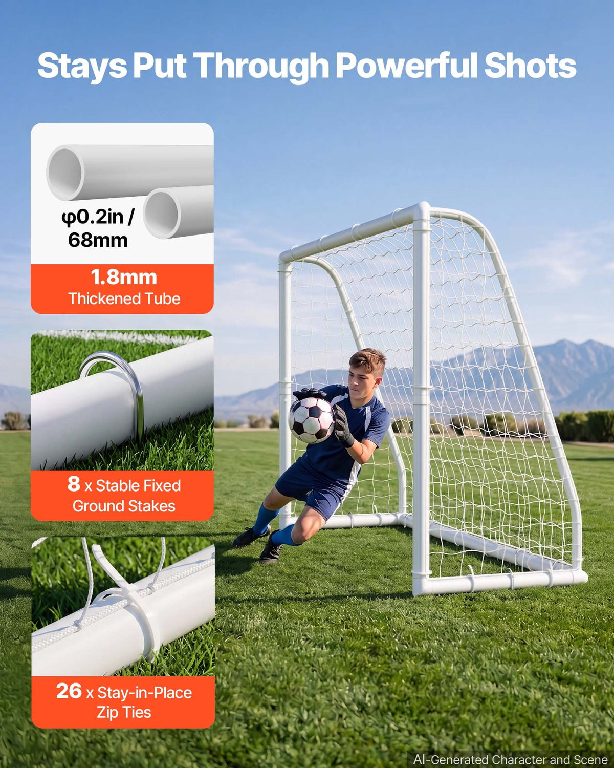 VEVOR Soccer Goal 2.44 x 1.82 m PVC Soccer Goal for Backyard with PE Net, Portable Weatherproof Set, with High-Strength Net, Target, Cones, for Youth Kids & Adults Outdoor Backyard Practice Training