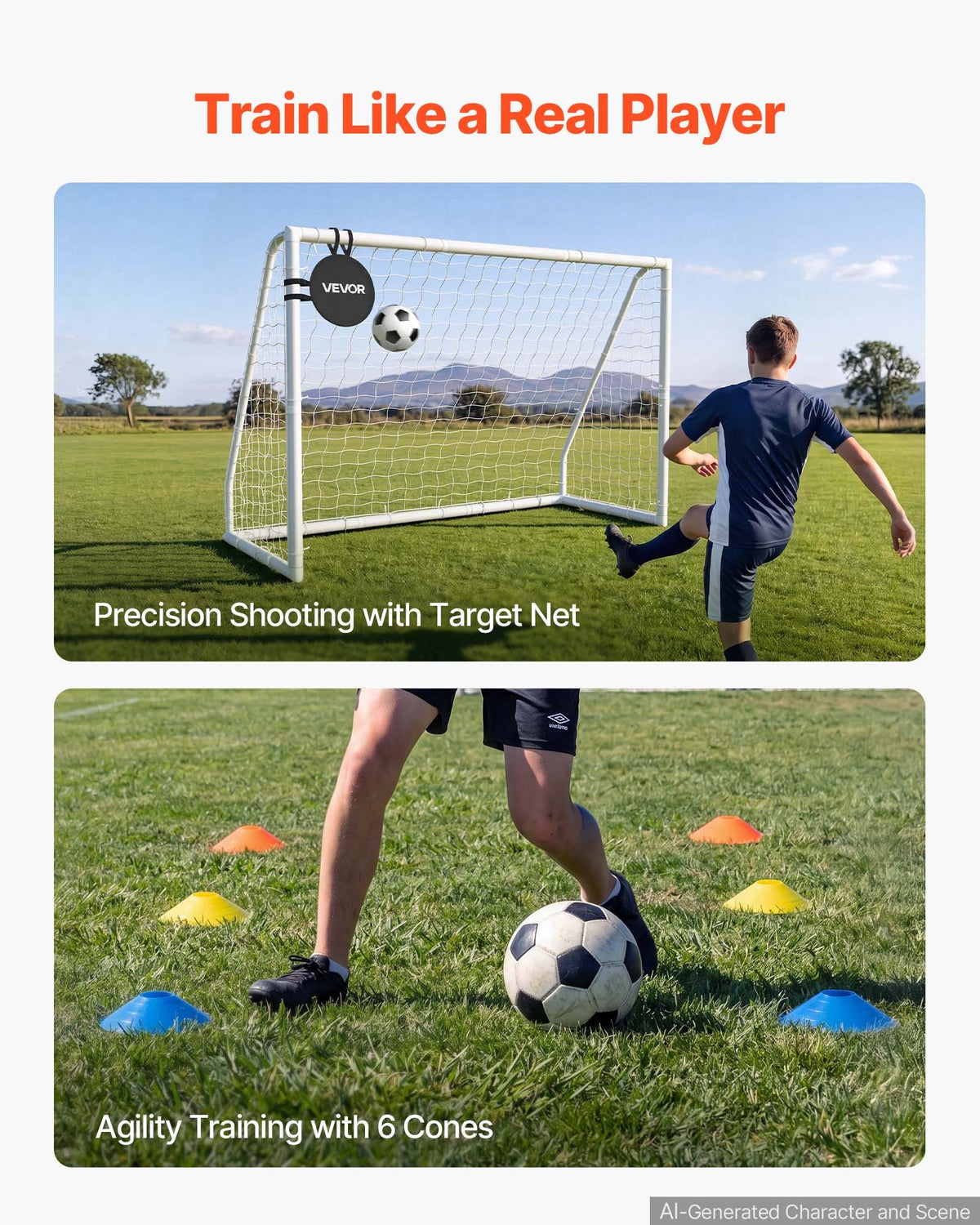 VEVOR Soccer Goal 2.44 x 1.82 m PVC Soccer Goal for Backyard with PE Net, Portable Weatherproof Set, with High-Strength Net, Target, Cones, for Youth Kids & Adults Outdoor Backyard Practice Training