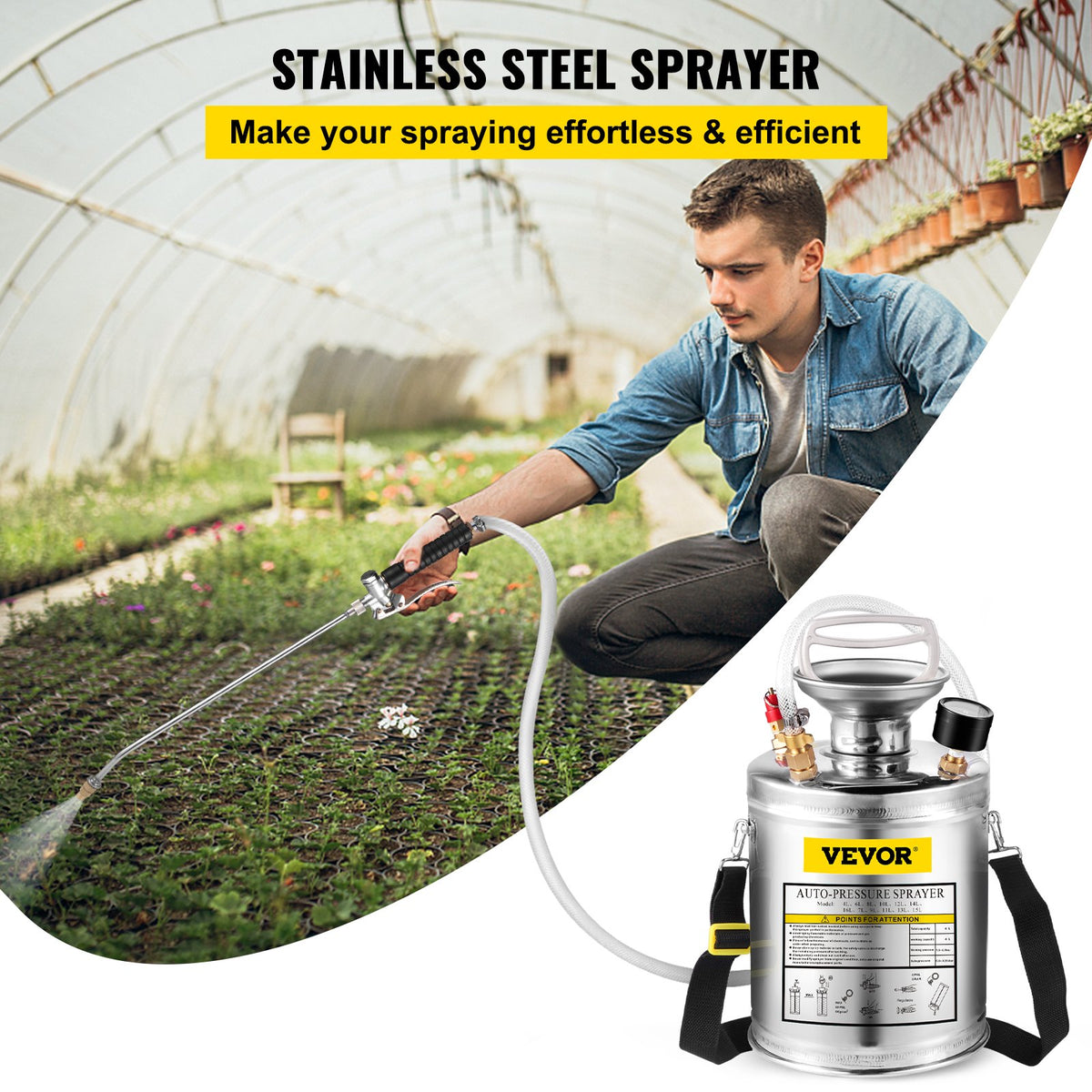 VEVOR Stainless Steel Sprayer 4L Household Gardening and Floor Cleaning Sprayer