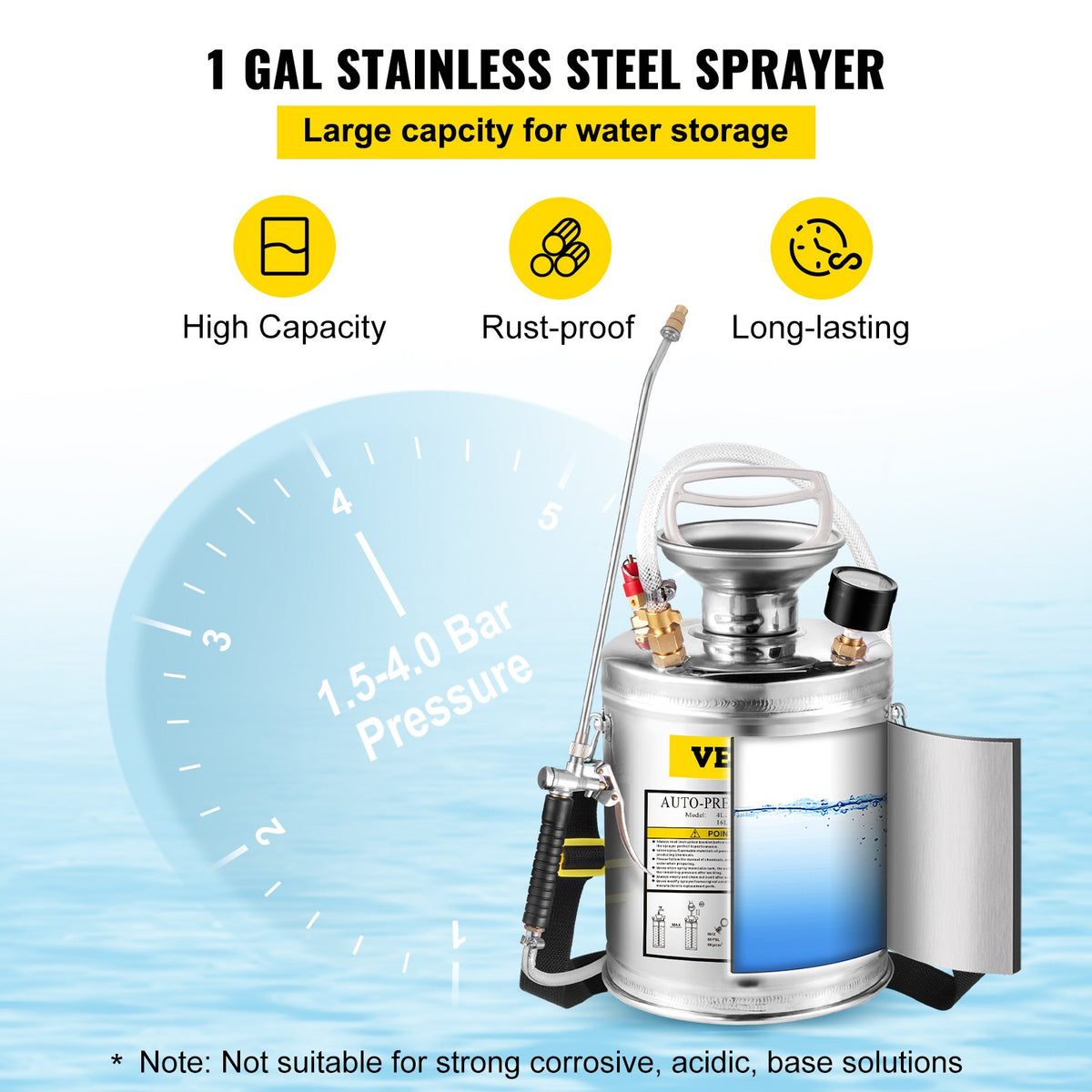 VEVOR Stainless Steel Sprayer 4L Household Gardening and Floor Cleaning Sprayer