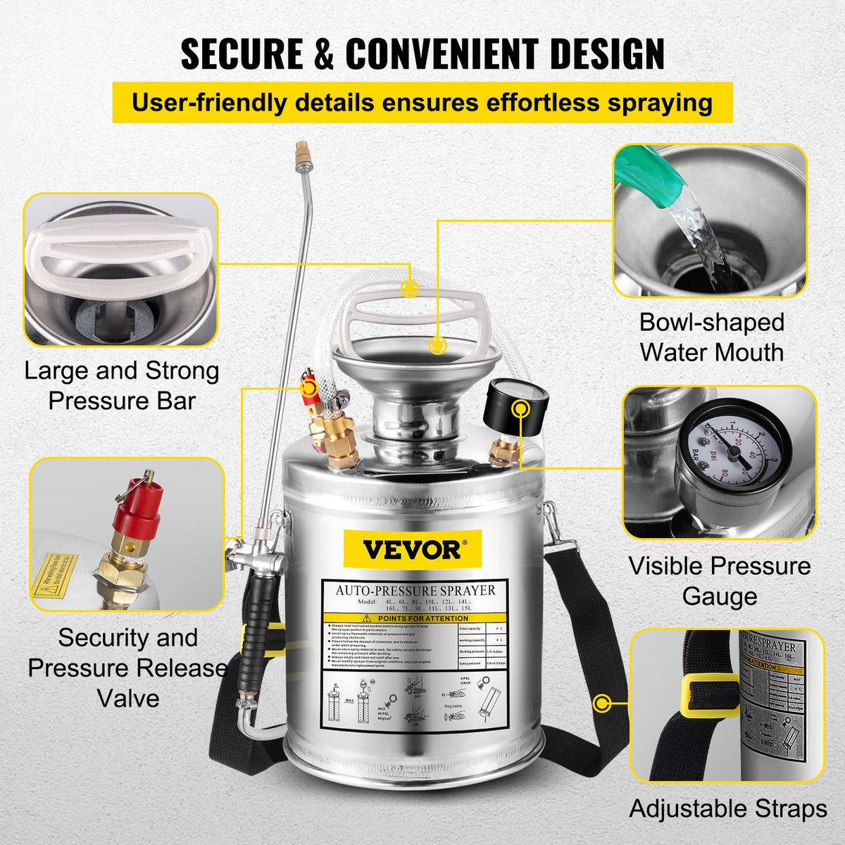 VEVOR Stainless Steel Sprayer 4L Household Gardening and Floor Cleaning Sprayer