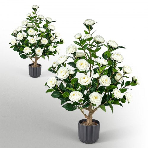 VEVOR Artificial Potted Camellias 863 mm 2-Pack Fake Flower Plants White, for Porch, Patio, Entryway, & Home Decor, Indoor & Outdoor Use, Silk and PE Blooms in Pots, Ready to Display Faux Plants