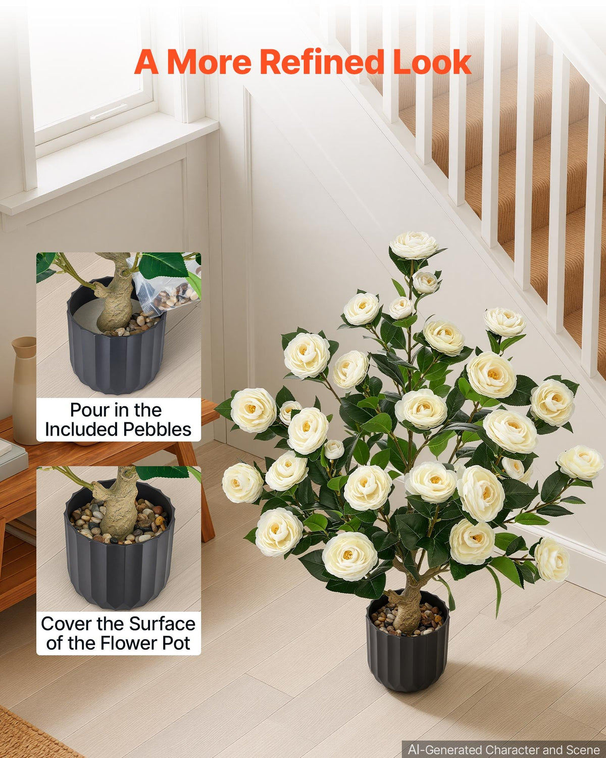 VEVOR Artificial Potted Camellias 863 mm 2-Pack Fake Flower Plants White, for Porch, Patio, Entryway, & Home Decor, Indoor & Outdoor Use, Silk and PE Blooms in Pots, Ready to Display Faux Plants