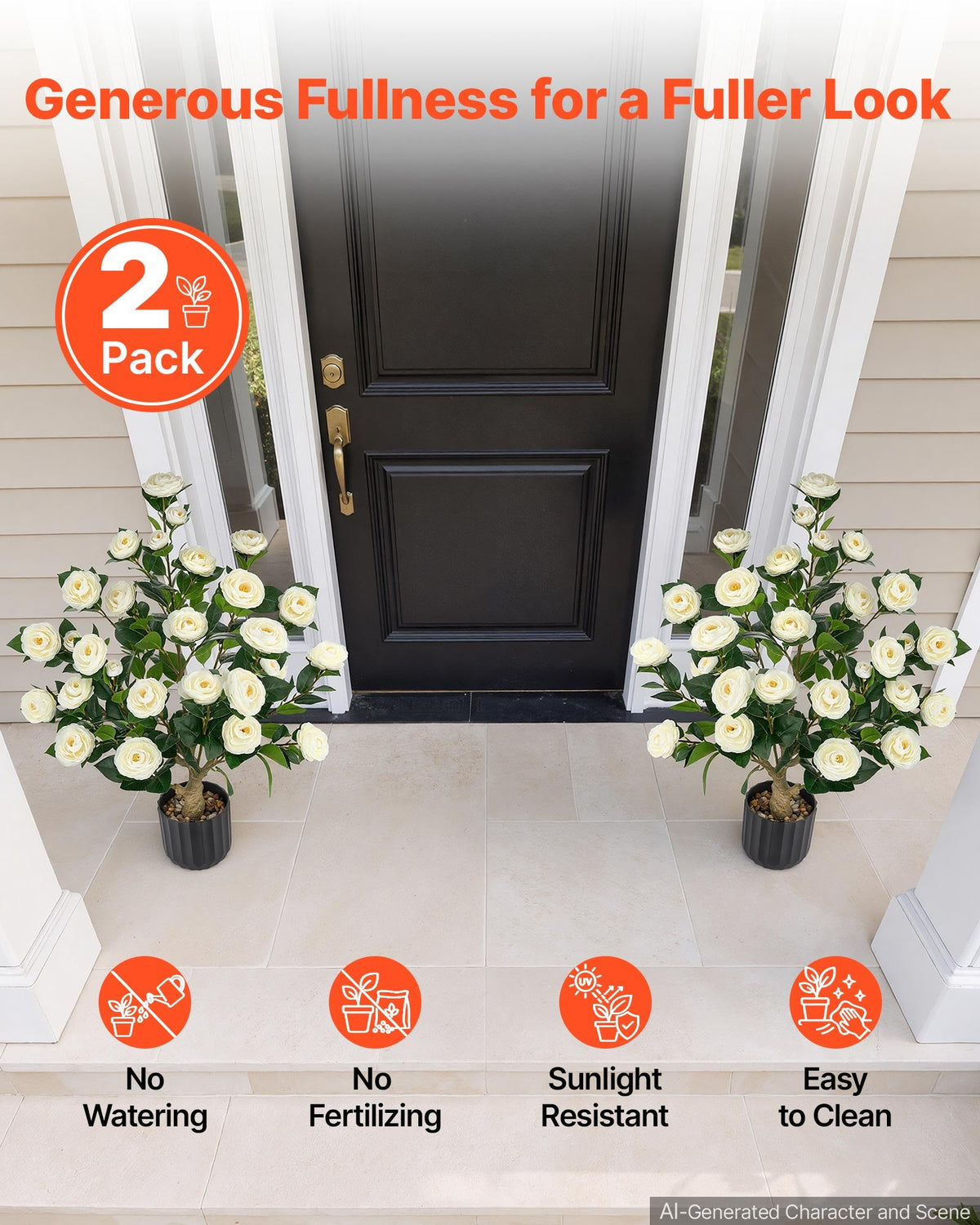 VEVOR Artificial Potted Camellias 863 mm 2-Pack Fake Flower Plants White, for Porch, Patio, Entryway, & Home Decor, Indoor & Outdoor Use, Silk and PE Blooms in Pots, Ready to Display Faux Plants