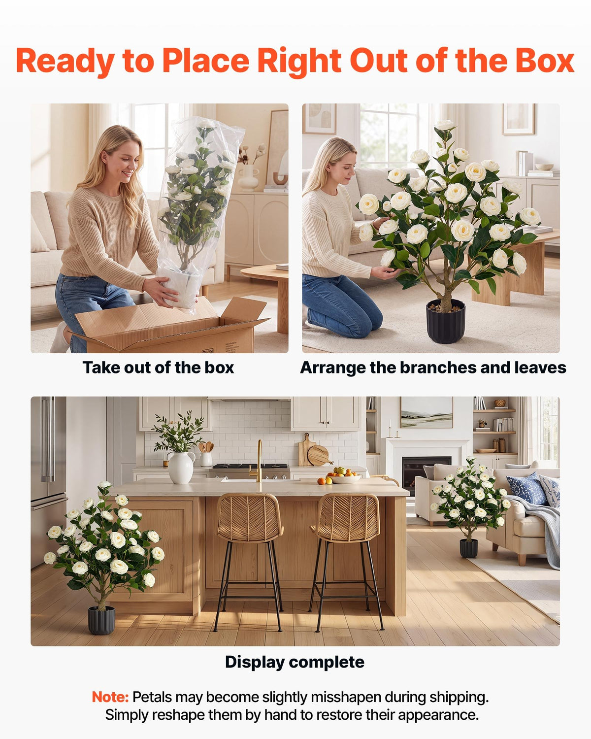 VEVOR Artificial Potted Camellias 863 mm 2-Pack Fake Flower Plants White, for Porch, Patio, Entryway, & Home Decor, Indoor & Outdoor Use, Silk and PE Blooms in Pots, Ready to Display Faux Plants