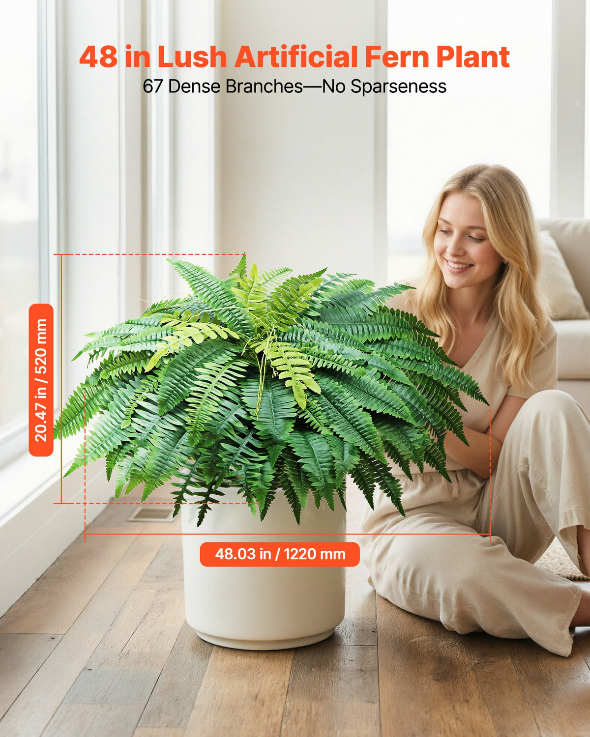 VEVOR Artificial Ferns, 1219 mm Fake Boston Fern Bush Plant with 67 Fronds, Faux Greenery for Indoor/Outdoor Decor, Silk & LDPE, Suitable for Home Porch Garden Office Living Room Planter, Set of 2