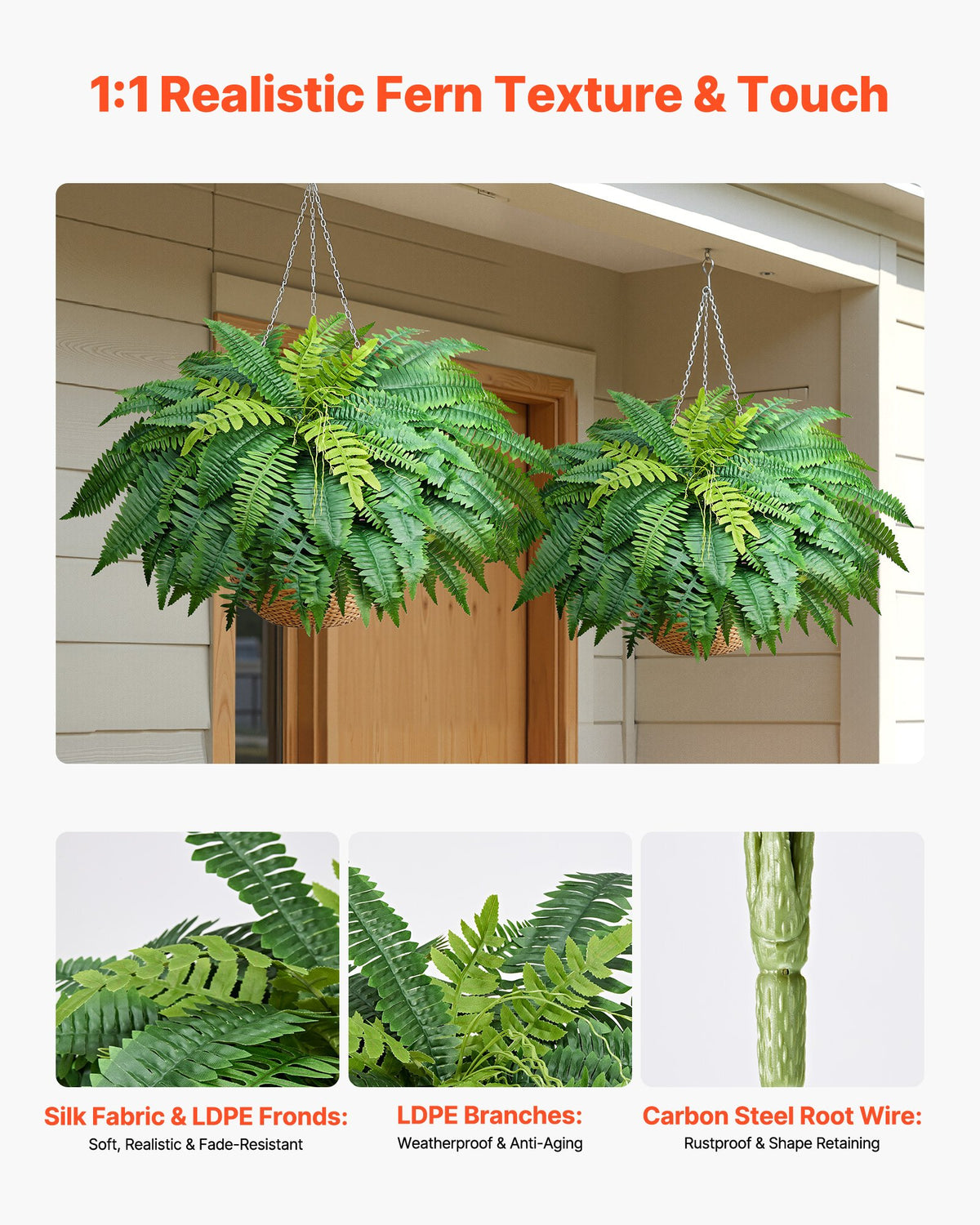 VEVOR Artificial Ferns, 1219 mm Fake Boston Fern Bush Plant with 67 Fronds, Faux Greenery for Indoor/Outdoor Decor, Silk & LDPE, Suitable for Home Porch Garden Office Living Room Planter, Set of 2