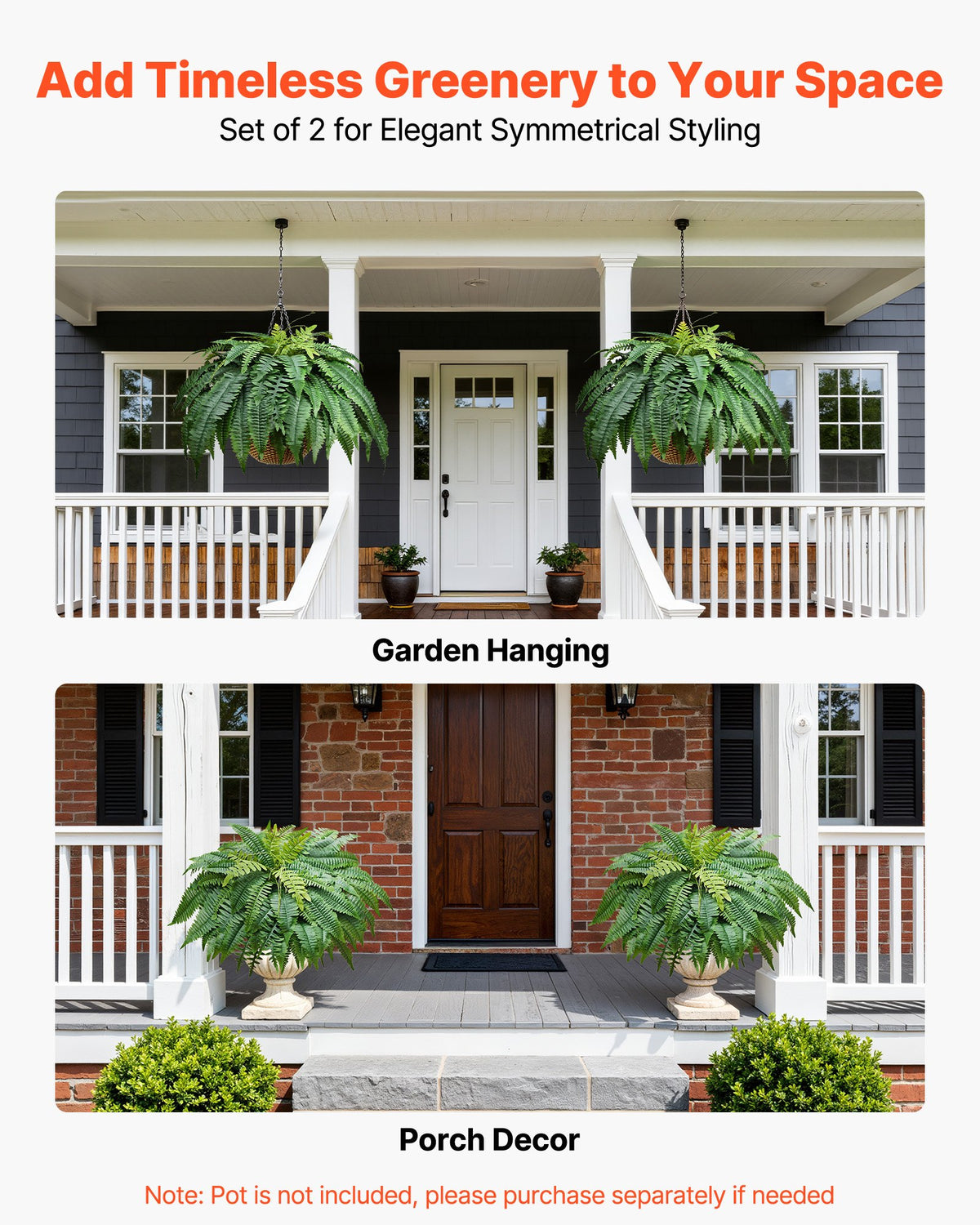 VEVOR Artificial Ferns, 1219 mm Fake Boston Fern Bush Plant with 67 Fronds, Faux Greenery for Indoor/Outdoor Decor, Silk & LDPE, Suitable for Home Porch Garden Office Living Room Planter, Set of 2