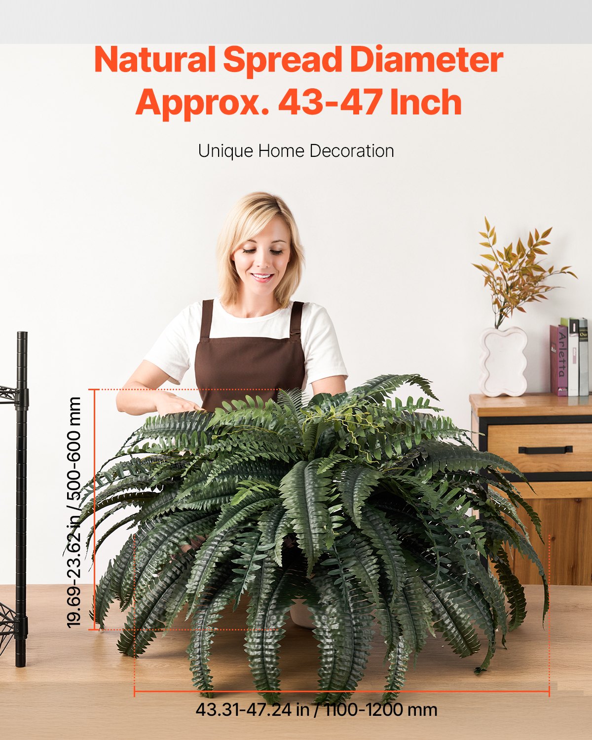 VEVOR Artificial Ferns, 1219 mm Fake Boston Fern Bush Plant with 88 Fronds, Large Faux Greenery for Indoor and Outdoor Decor, Silk & LDPE, Realistic for Home Porch Garden Office Living Room Planter