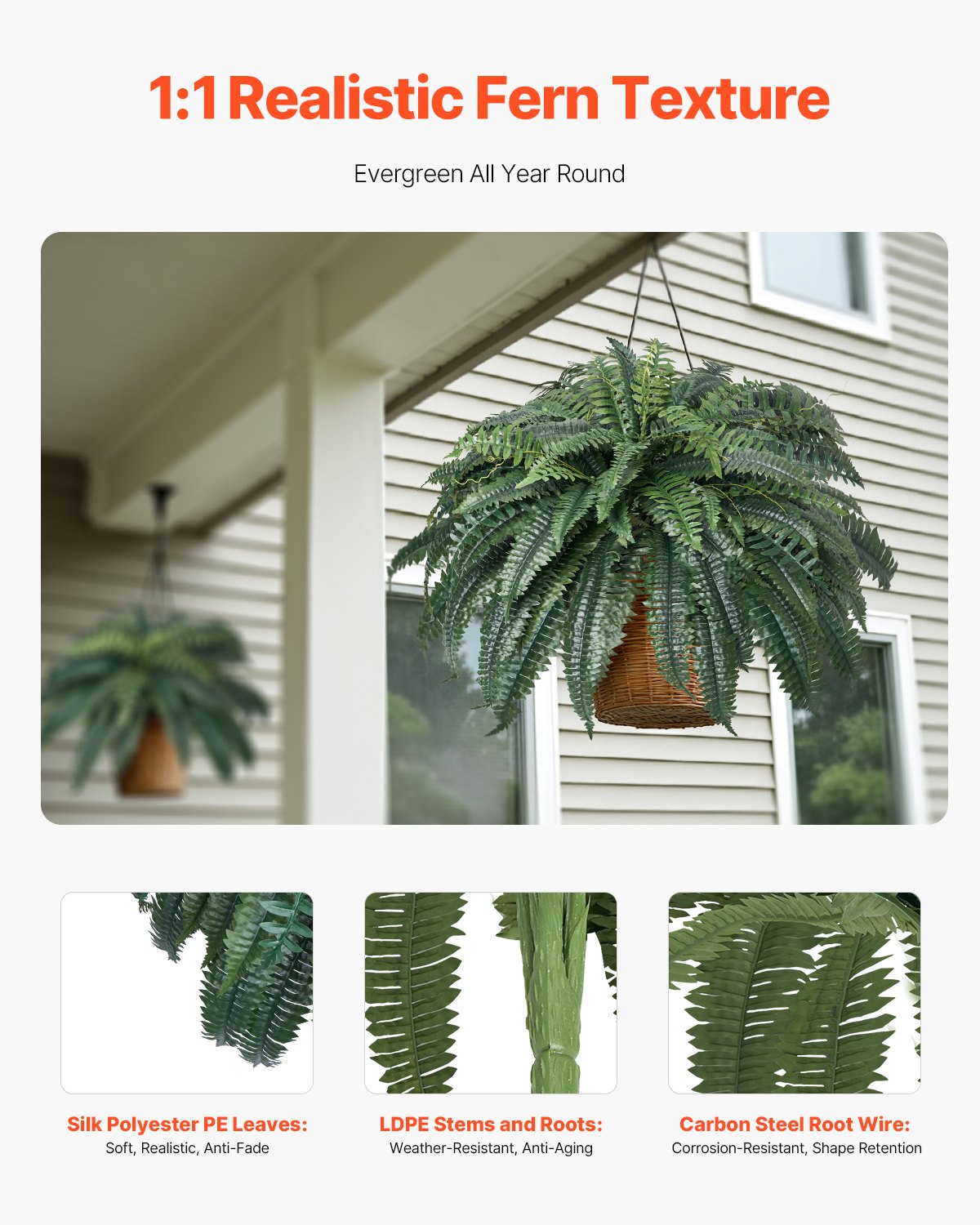 VEVOR Artificial Ferns, 1219 mm Fake Boston Fern Bush Plant with 88 Fronds, Large Faux Greenery for Indoor and Outdoor Decor, Silk & LDPE, Realistic for Home Porch Garden Office Living Room Planter