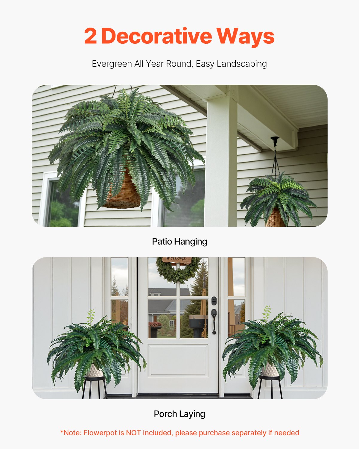 VEVOR Artificial Ferns, 1219 mm Fake Boston Fern Bush Plant with 88 Fronds, Large Faux Greenery for Indoor and Outdoor Decor, Silk & LDPE, Realistic for Home Porch Garden Office Living Room Planter
