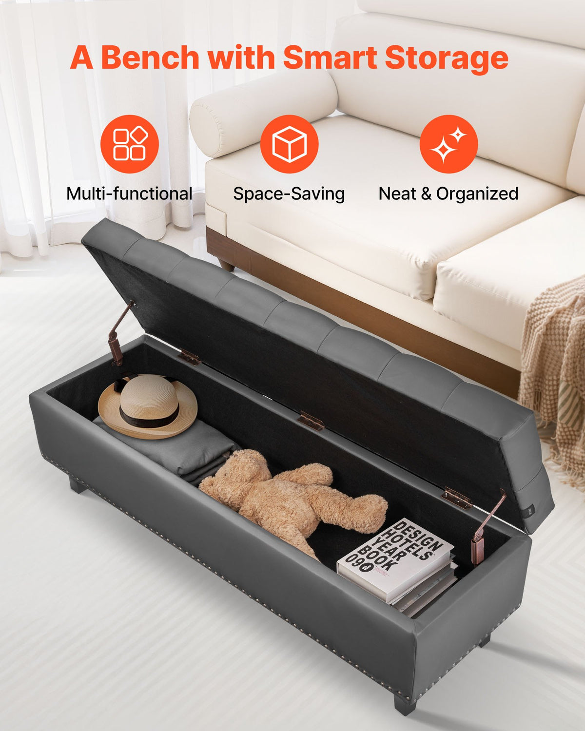 VEVOR Button-Tufted Storage Ottoman Bench, PU Leather Bench with Storage and Solid Wood Legs, Modern Shoe Benches Seat for Entryway, Upholstered End of Bed Benches for Living Room, Dining Room, Gray