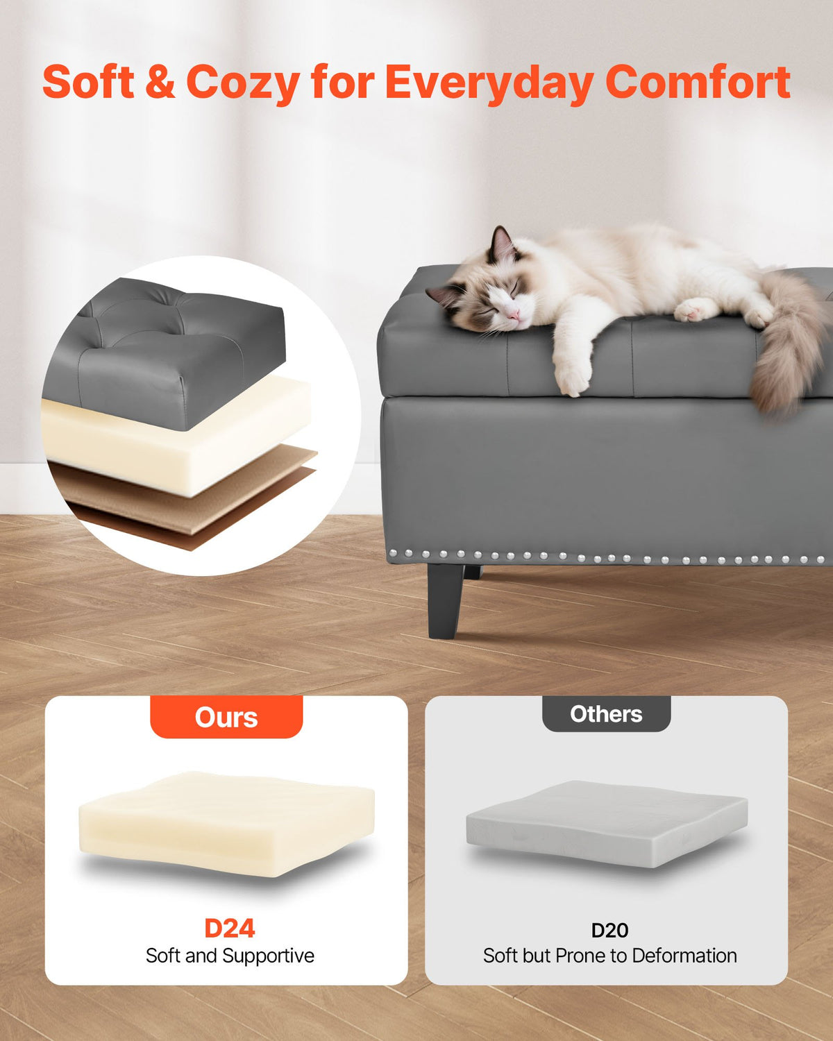 VEVOR Button-Tufted Storage Ottoman Bench, PU Leather Bench with Storage and Solid Wood Legs, Modern Shoe Benches Seat for Entryway, Upholstered End of Bed Benches for Living Room, Dining Room, Gray