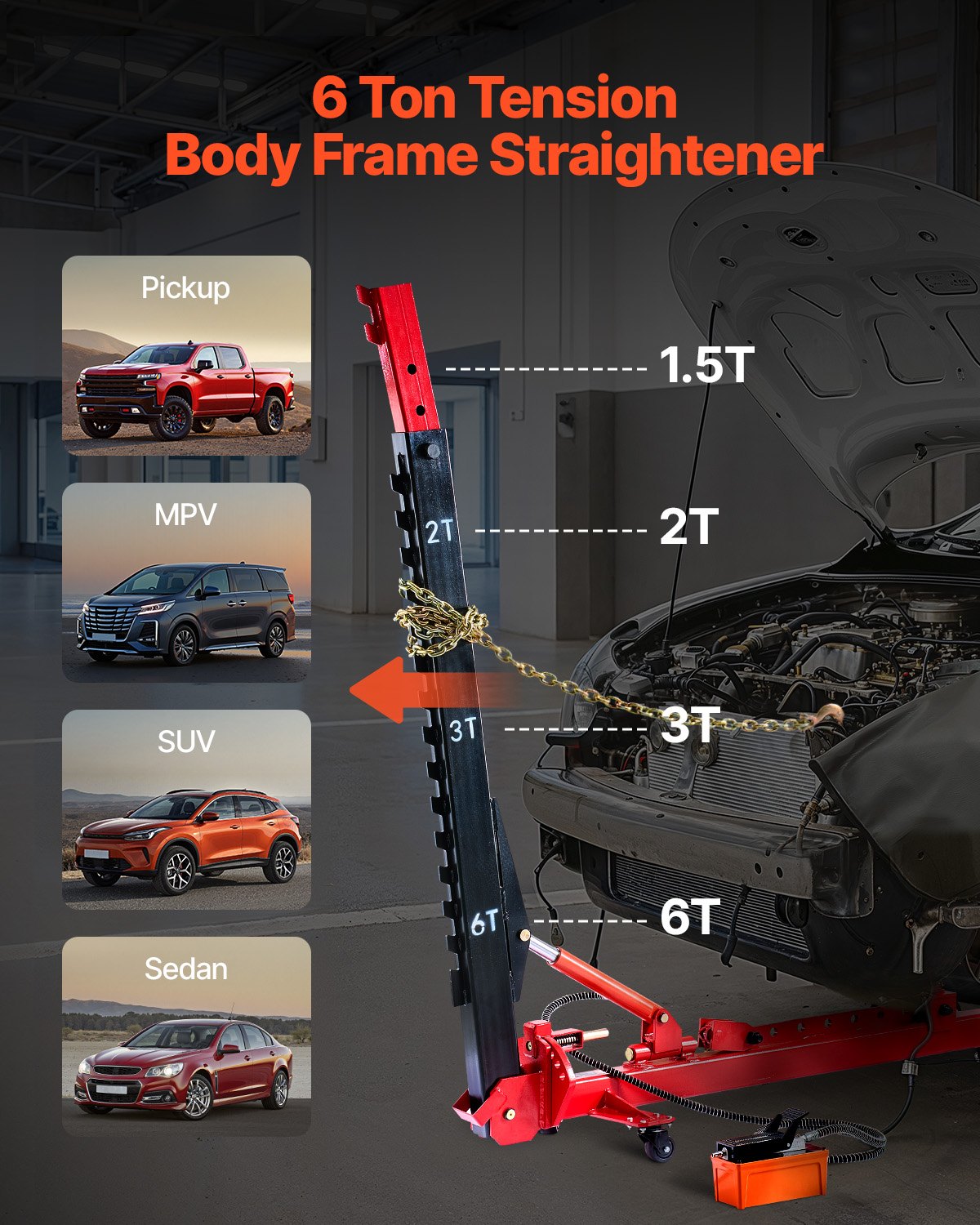 VEVOR Auto Body Frame Puller Straightener, 6T Tension Car Body Repair Equipment with 3T Airbag Jack & 6000PSI Hydraulic Foot Pump, Include 16 Straightening Tools, for Auto Repair Shop Sedan SUV Pickup