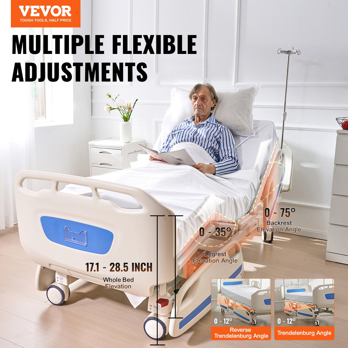 VEVOR Premium 5 Function Full Electric Hospital Bed ICU Medical Bed 250 kg Loads