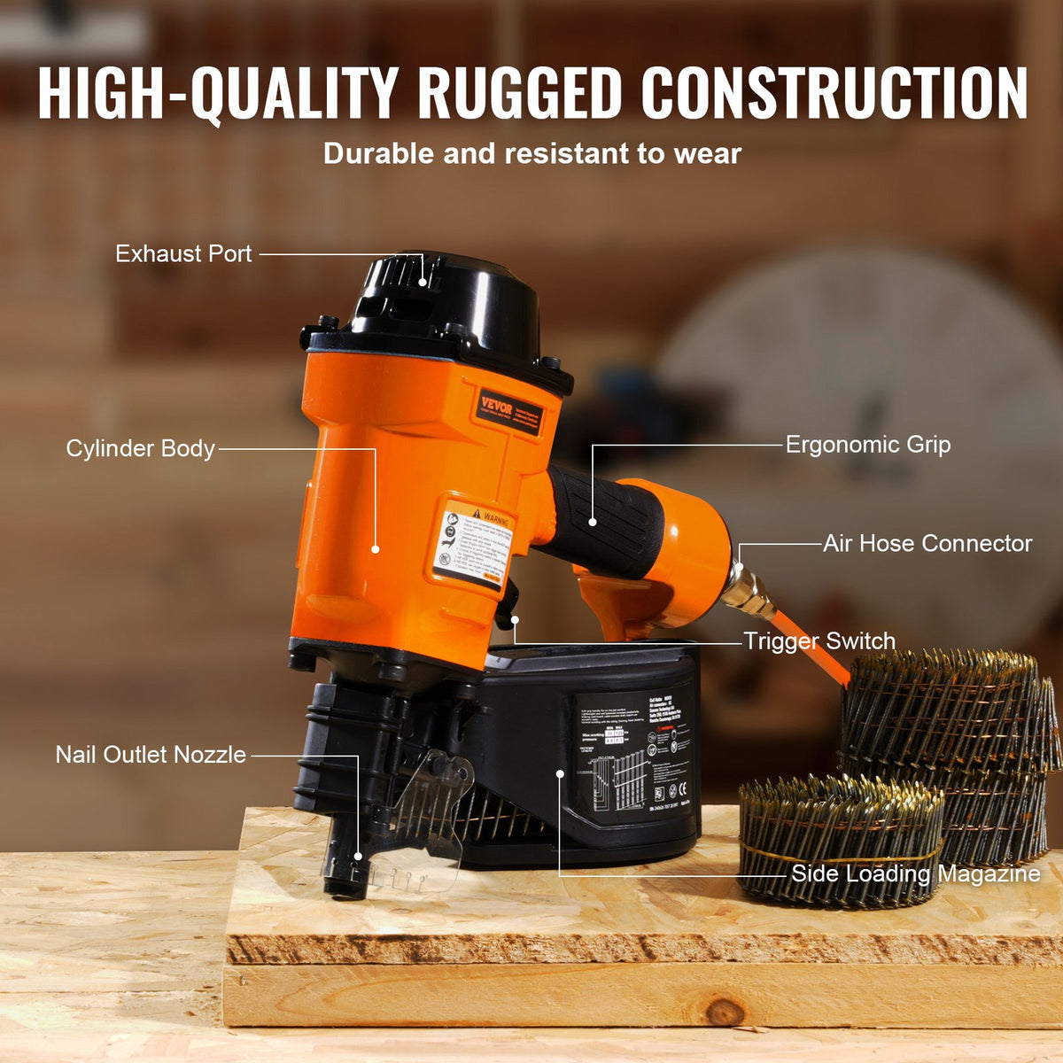 VEVOR Coil Siding Nailer MCN70, 1-3/4" to 2-3/4" 15 Degree Pneumatic Siding Nail Gun, 70-120PSI Air Coil Nailer for Pallet, Crating, Framing, Siding and Fencing