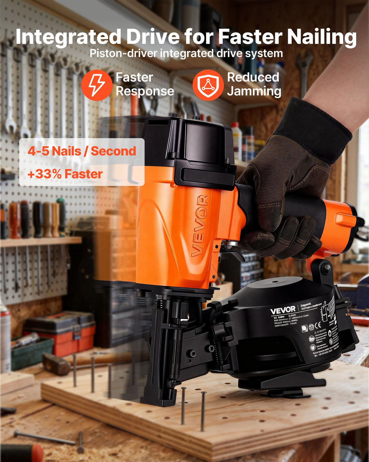 VEVOR Professional Roofing Nailer CN45N, 19mm to 45mm 15 Degree Air Roofing Nail Gun, 4–5 Nails/S Ultra-Fast Nailing, 4.8-7.5 Bar Pneumatic Coil Nailer for Asphalt Shingles, Roof Sheathing