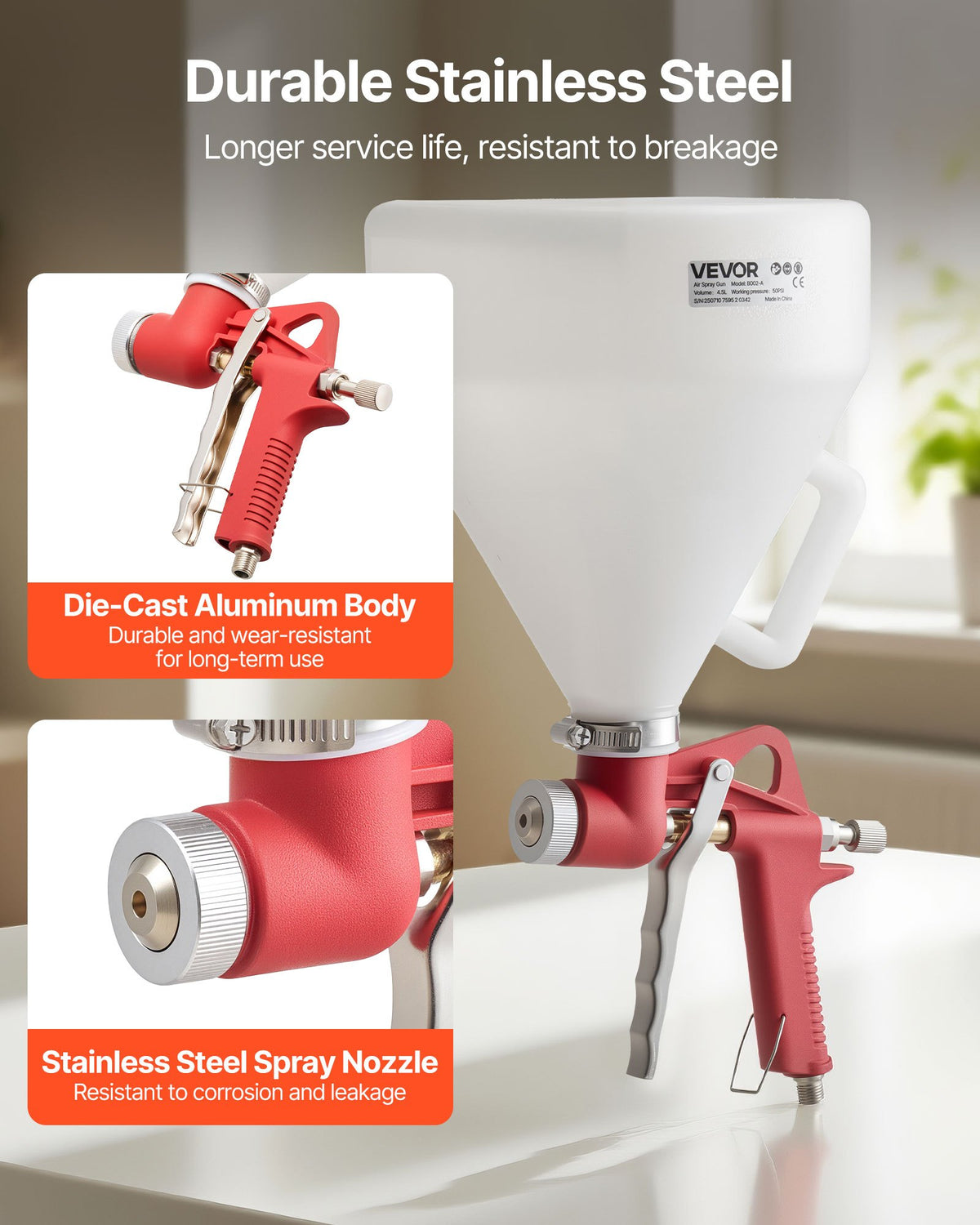 VEVOR Air Texture Spray Gun, 4.5L Air Hopper Spray Gun, Professional Drywall Texture Painting Sprayer with 3 Nozzles (3.5mm, 6mm, 8mm) for Popcorn, Knockdown, Orange Peel Textures
