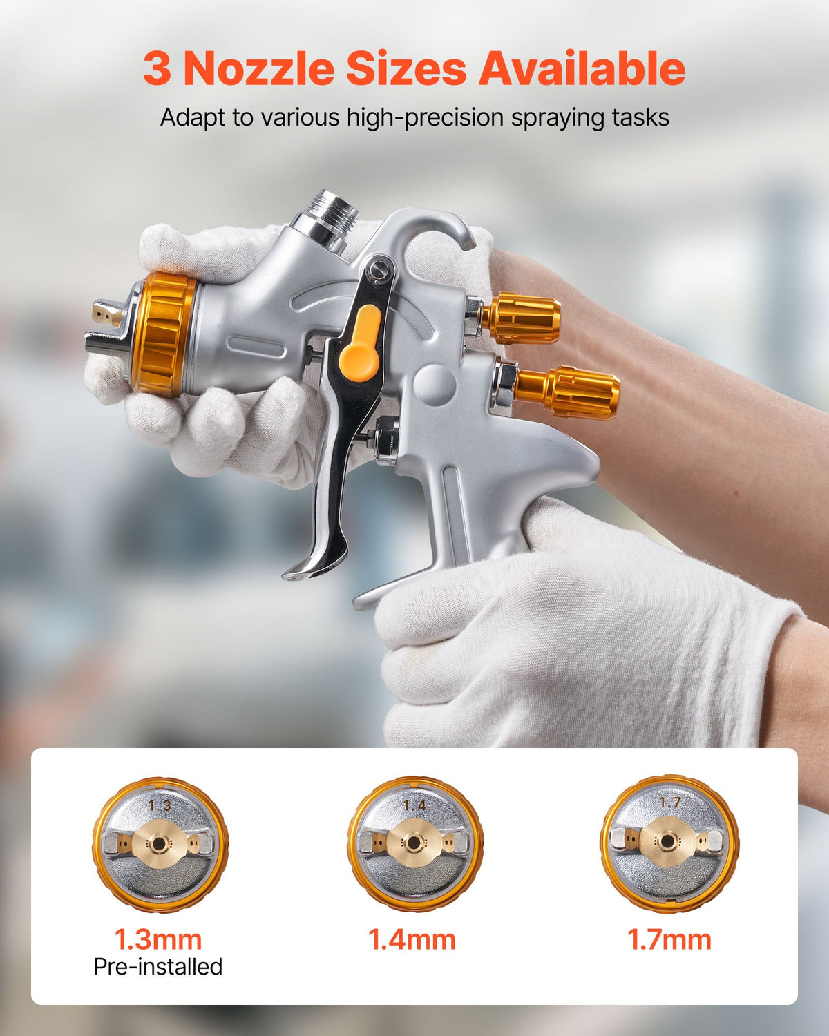 VEVOR HVLP Air Spray Gun, Gravity Feed Paint Sprayer Gun with 3 Nozzles (1.3/1.4/1.7mm), 600ml Capacity Auto Paint Sprayer with Air Regulator for Automotive Primers, Clear Coats & Topcoats