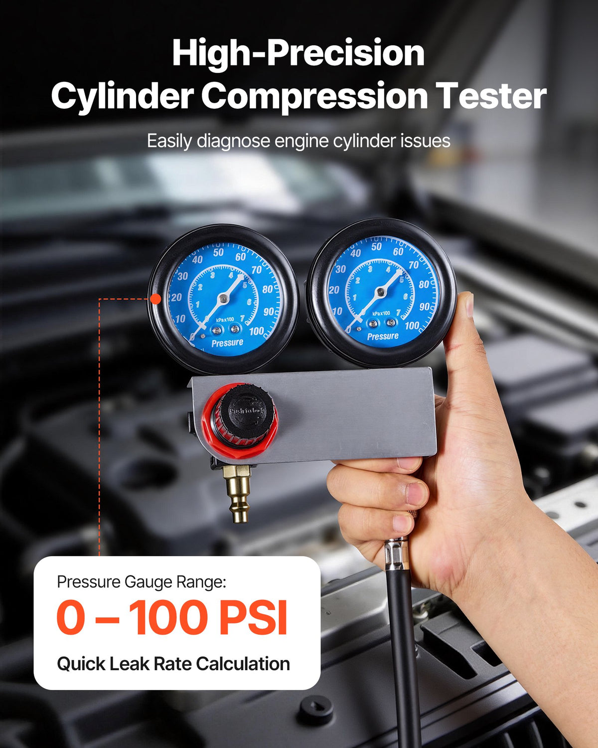 VEVOR Engine Cylinder Compression Tester Kit, Pressure Gauge Range of 0-100 PSI, Automotive Leak Down Tester Kit with 4 Adapters & Air Fittings, Pressure Check & Leakage Rate Test on Cars, Motorcycles