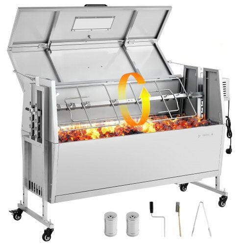 VEVOR Rotisserie Grill 38W BBQ Outdoor Pig & Lamb Spit Roaster, Charcoal Spit Roaster with 132 LBS Capacity, Wheels & 4-Level Height, Stainless Steel Electric Rotisserie Grill Kit for Camping Outdoor
