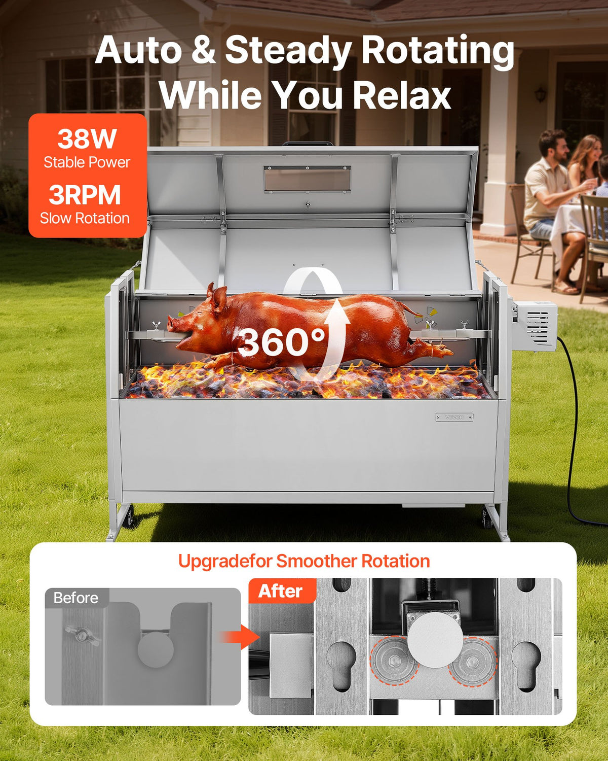VEVOR Rotisserie Grill 38W BBQ Outdoor Pig & Lamb Spit Roaster, Charcoal Spit Roaster with 132 LBS Capacity, Wheels & 4-Level Height, Stainless Steel Electric Rotisserie Grill Kit for Camping Outdoor