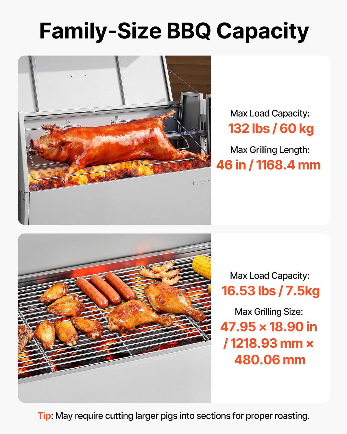 VEVOR Rotisserie Grill 38W BBQ Outdoor Pig & Lamb Spit Roaster, Charcoal Spit Roaster with 132 LBS Capacity, Wheels & 4-Level Height, Stainless Steel Electric Rotisserie Grill Kit for Camping Outdoor