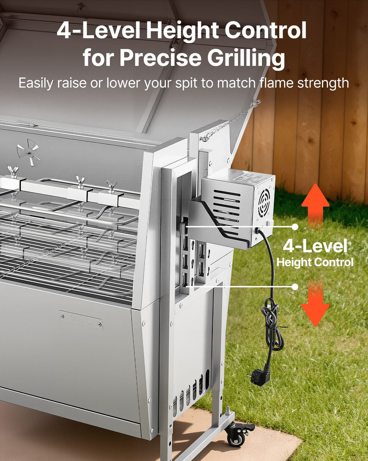 VEVOR Rotisserie Grill 38W BBQ Outdoor Pig & Lamb Spit Roaster, Charcoal Spit Roaster with 132 LBS Capacity, Wheels & 4-Level Height, Stainless Steel Electric Rotisserie Grill Kit for Camping Outdoor
