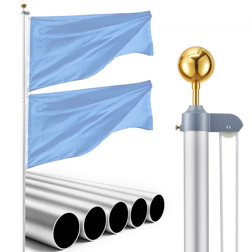 VEVOR Flag Pole, 6.09 m Heavy Duty Sectional Flagpole Kit for Outside House In Ground, Extra Thick Outdoor Aluminum Flagpole Kit with PVC Ground Sleeve for Yard, Residential or Commercial Use, Silver
