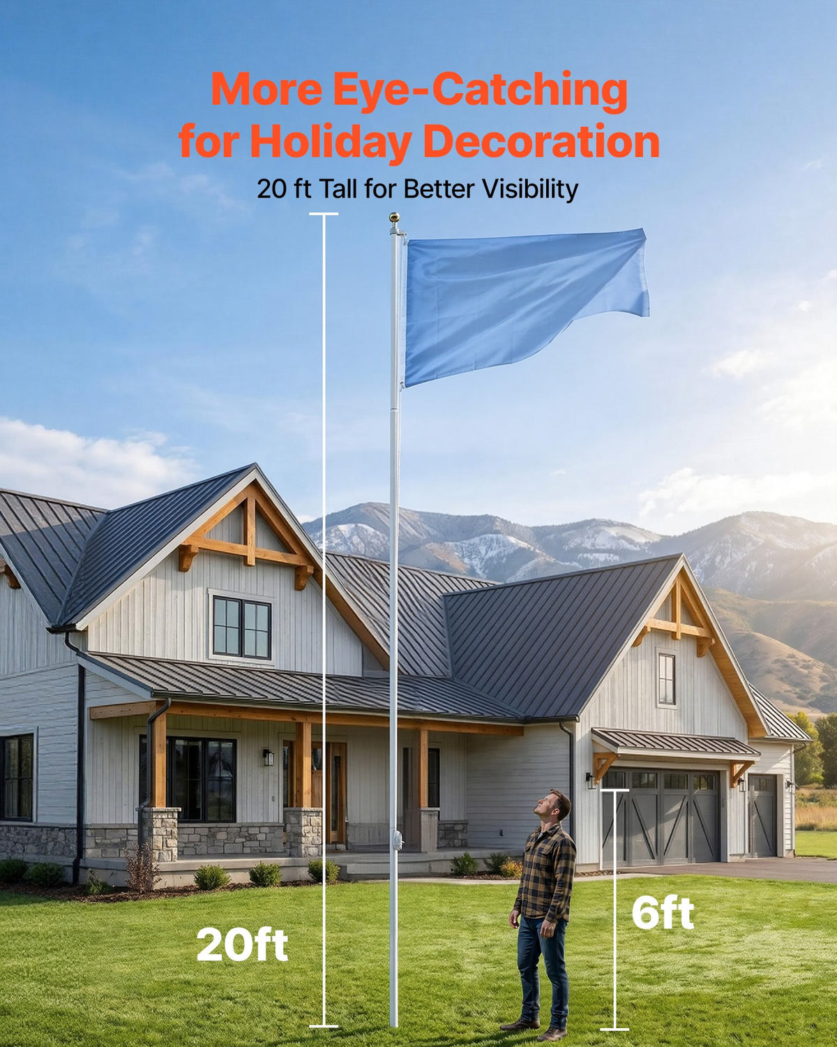 VEVOR Flag Pole, 6.09 m Heavy Duty Sectional Flagpole Kit for Outside House In Ground, Extra Thick Outdoor Aluminum Flagpole Kit with PVC Ground Sleeve for Yard, Residential or Commercial Use, Silver